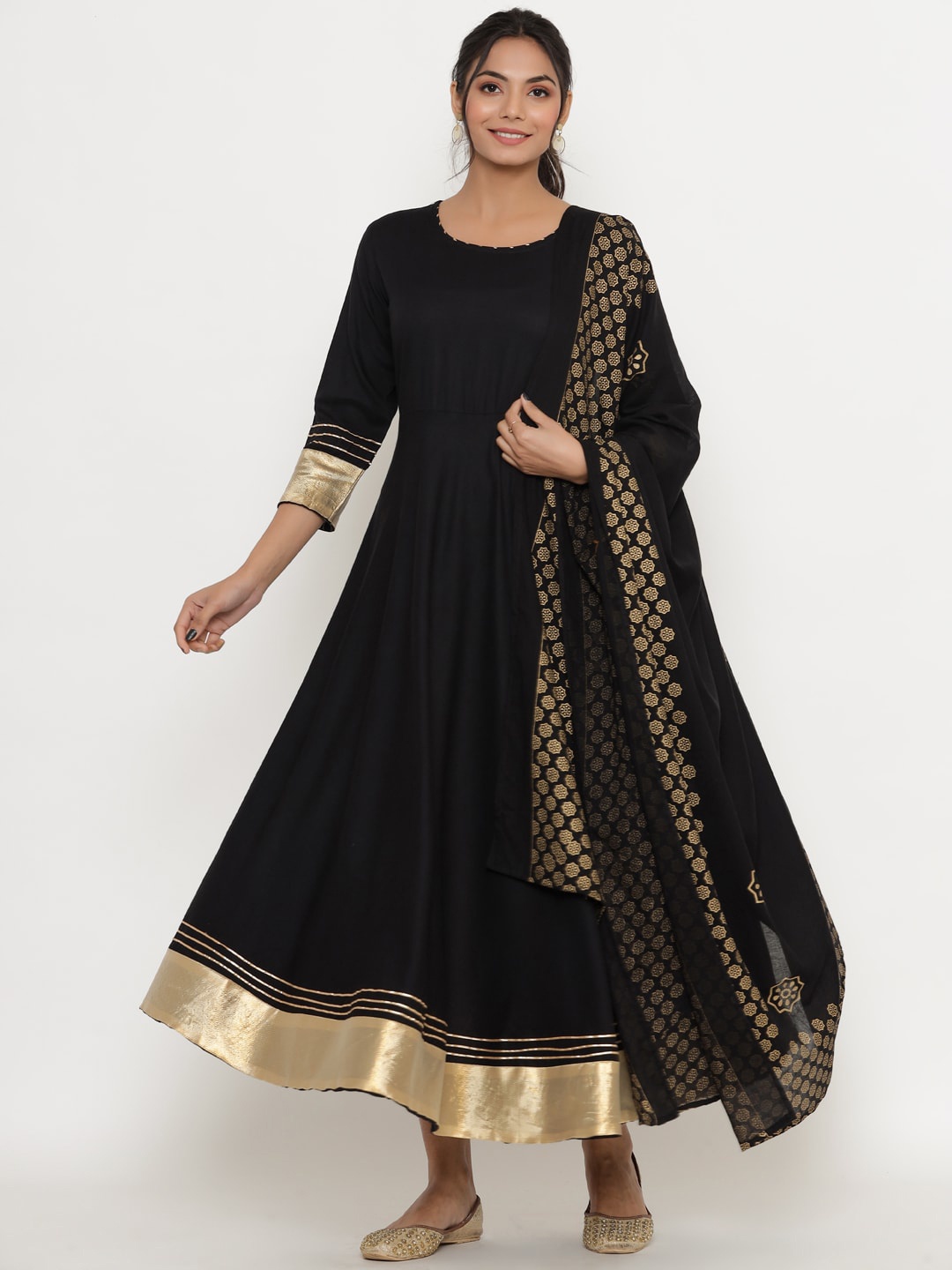 

DIVYANK Women Black Foil Print Floral Anarkali Kurta With Dupatta