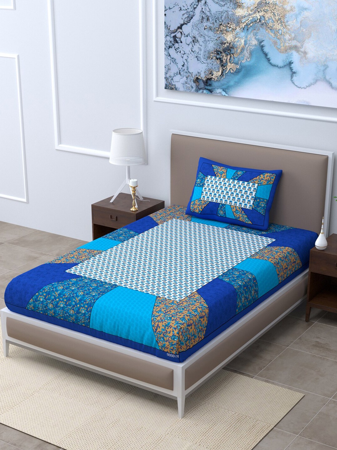 

LIVING ROOTS Blue & Beige Floral 144 TC Single Bedsheet with 1 Pillow Covers