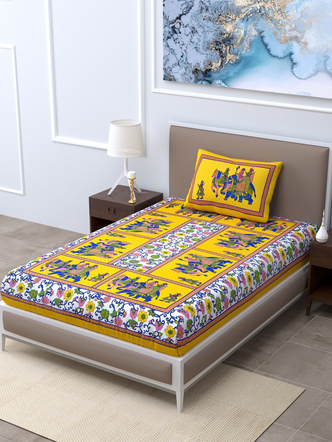 

LIVING ROOTS Yellow & Blue Ethnic Motifs 144 TC Single Bedsheet with 1 Pillow Cover