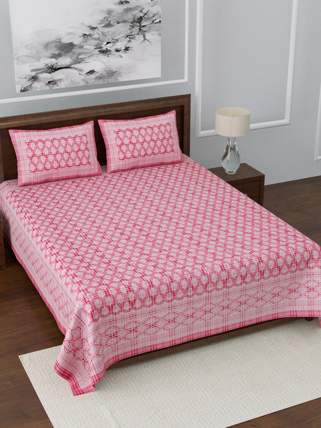 

LIVING ROOTS Pink & White Jaipuri Print Cotton 210 TC Queen Bedsheet with 2 Pillow Covers
