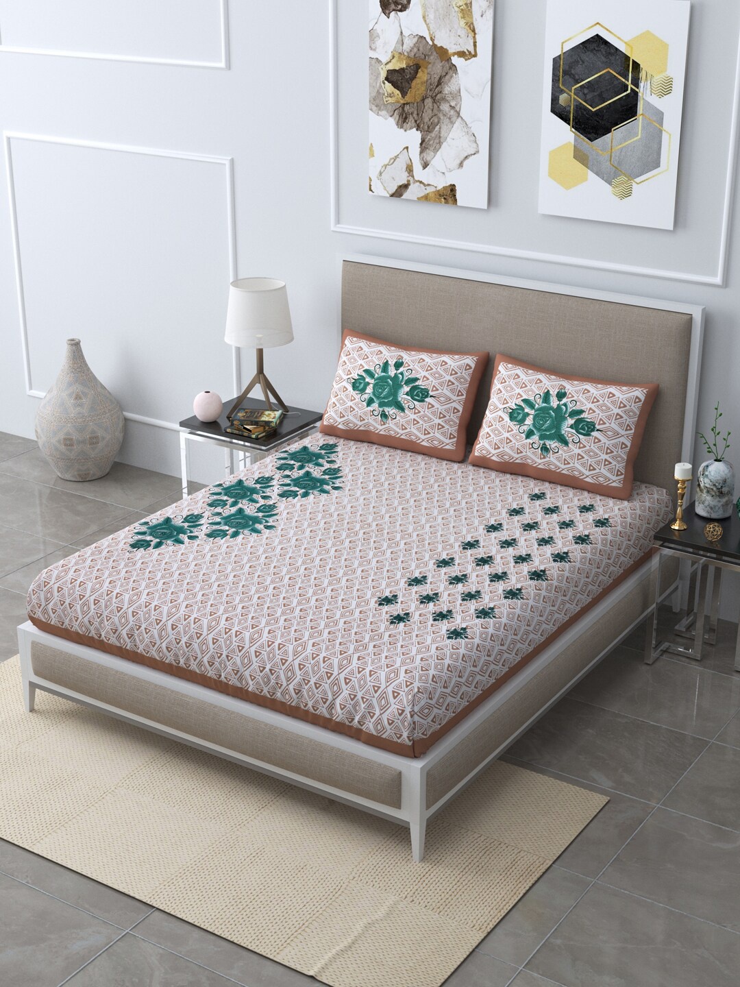 

LIVING ROOTS Beige & Green Floral 144 TC Queen Bedsheet with 2 Pillow Covers