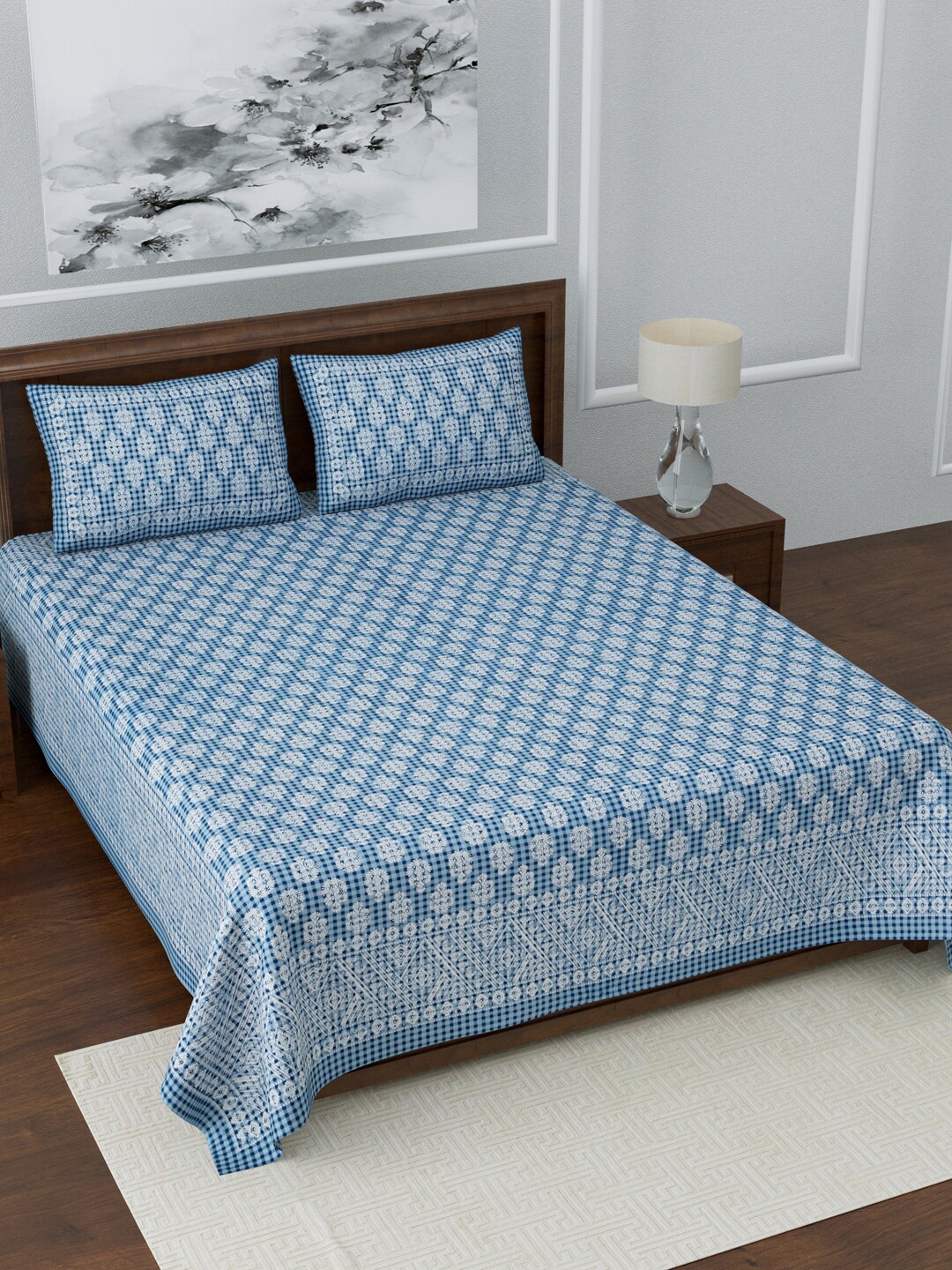 

LIVING ROOTS Blue & White Floral 210 TC Queen Bedsheet with 2 Pillow Covers