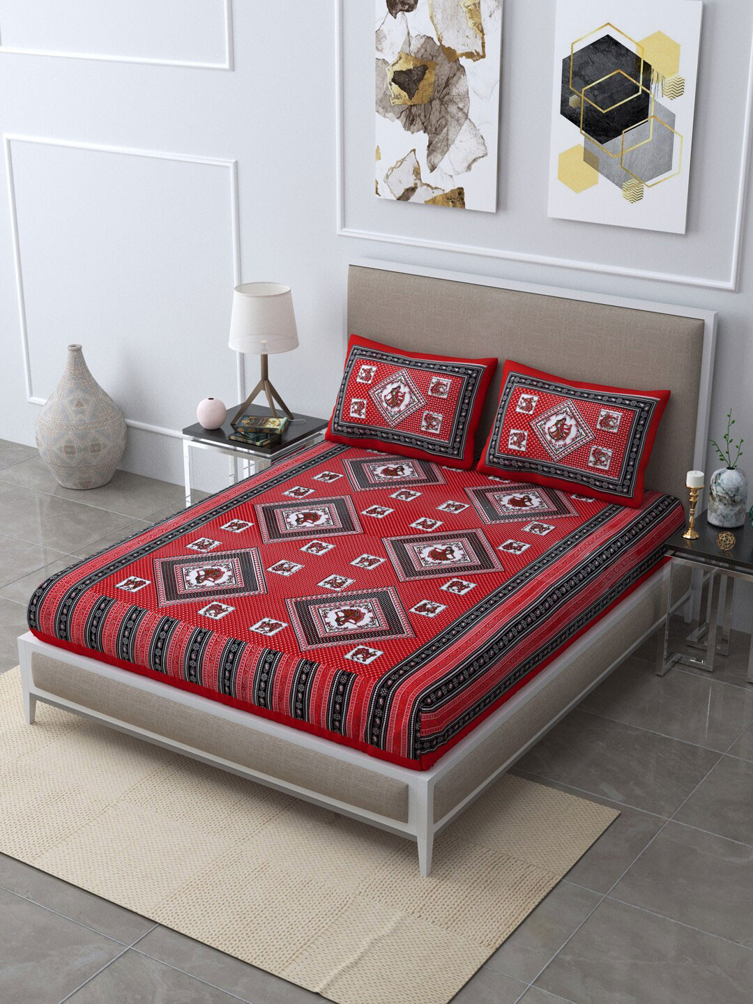 

LIVING ROOTS Red & Black Ethnic Motifs 144 TC Queen Bedsheet with 2 Pillow Covers