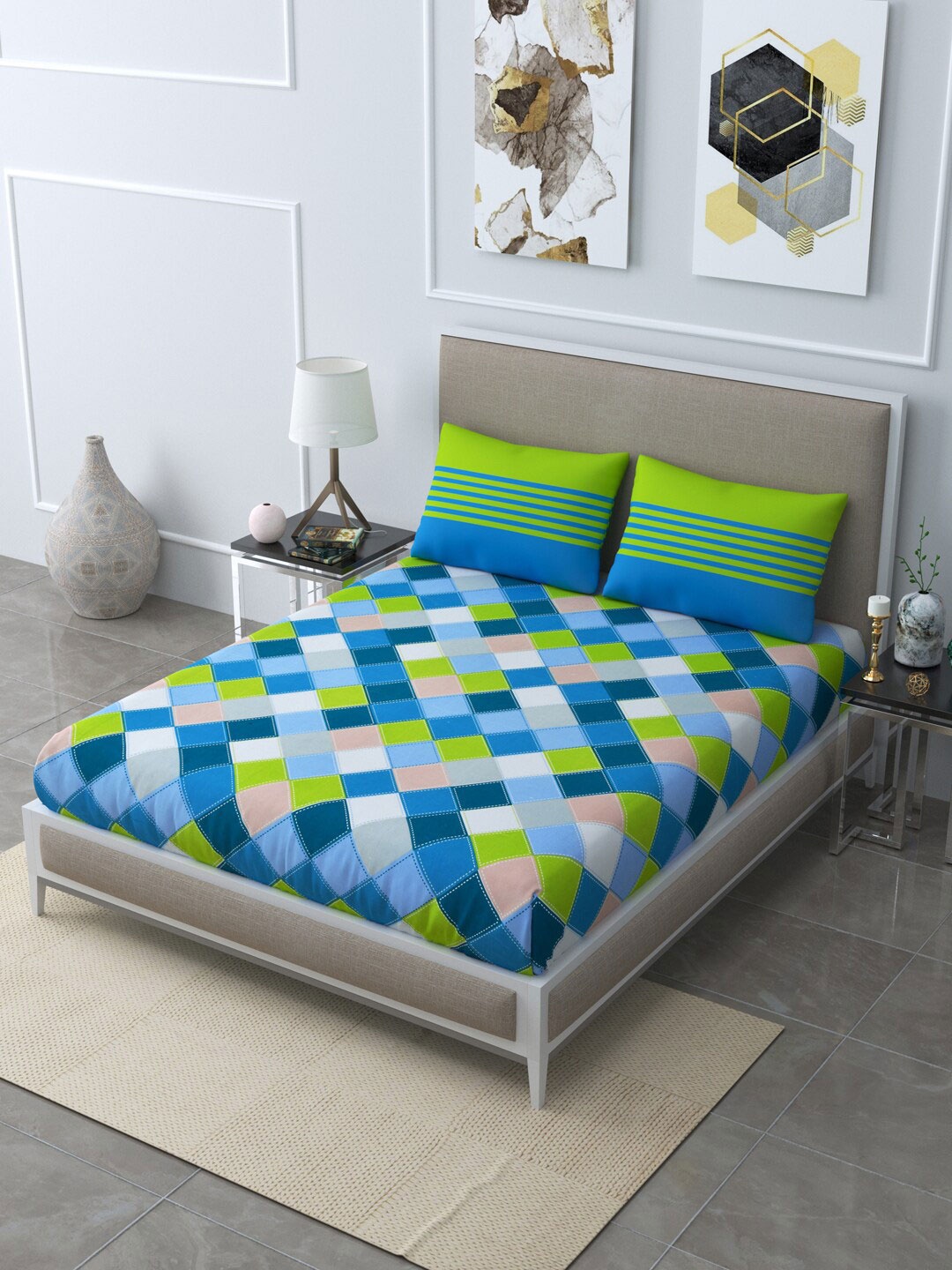 

LIVING ROOTS Blue & Green Floral 144 TC Queen Bedsheet with 2 Pillow Covers