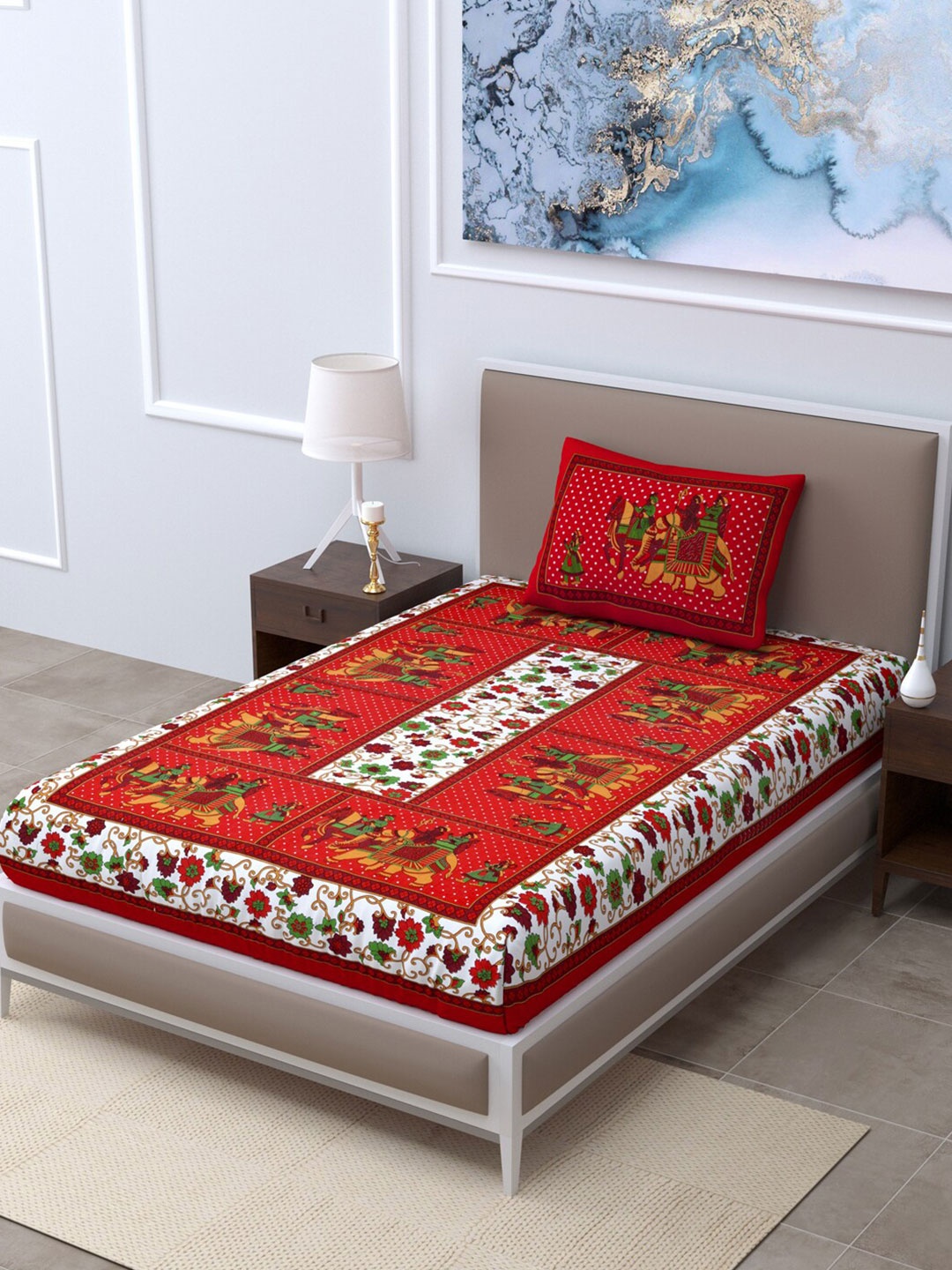

LIVING ROOTS Red Ethnic Motifs 144 TC Single Bed Bedsheet