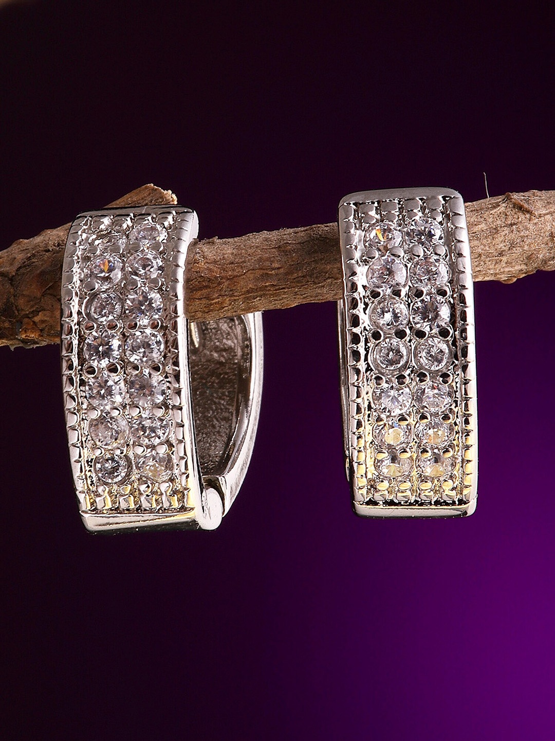 

KARATCART Silver-Toned American Diamond Studded Classic Hoop Earrings