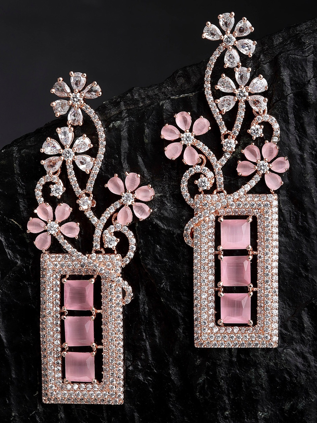 

KARATCART Pink Floral Rose Gold Plated Drop Earrings