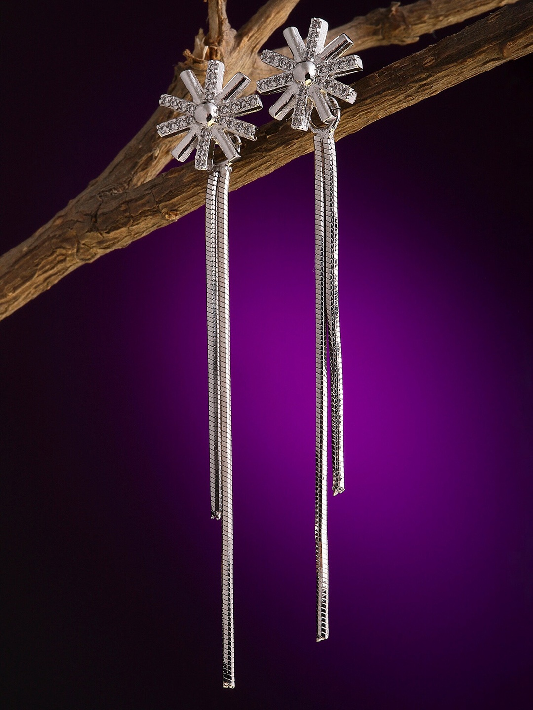 

KARATCART Silver-Toned & White American Diamond Studded Classic Drop Earrings