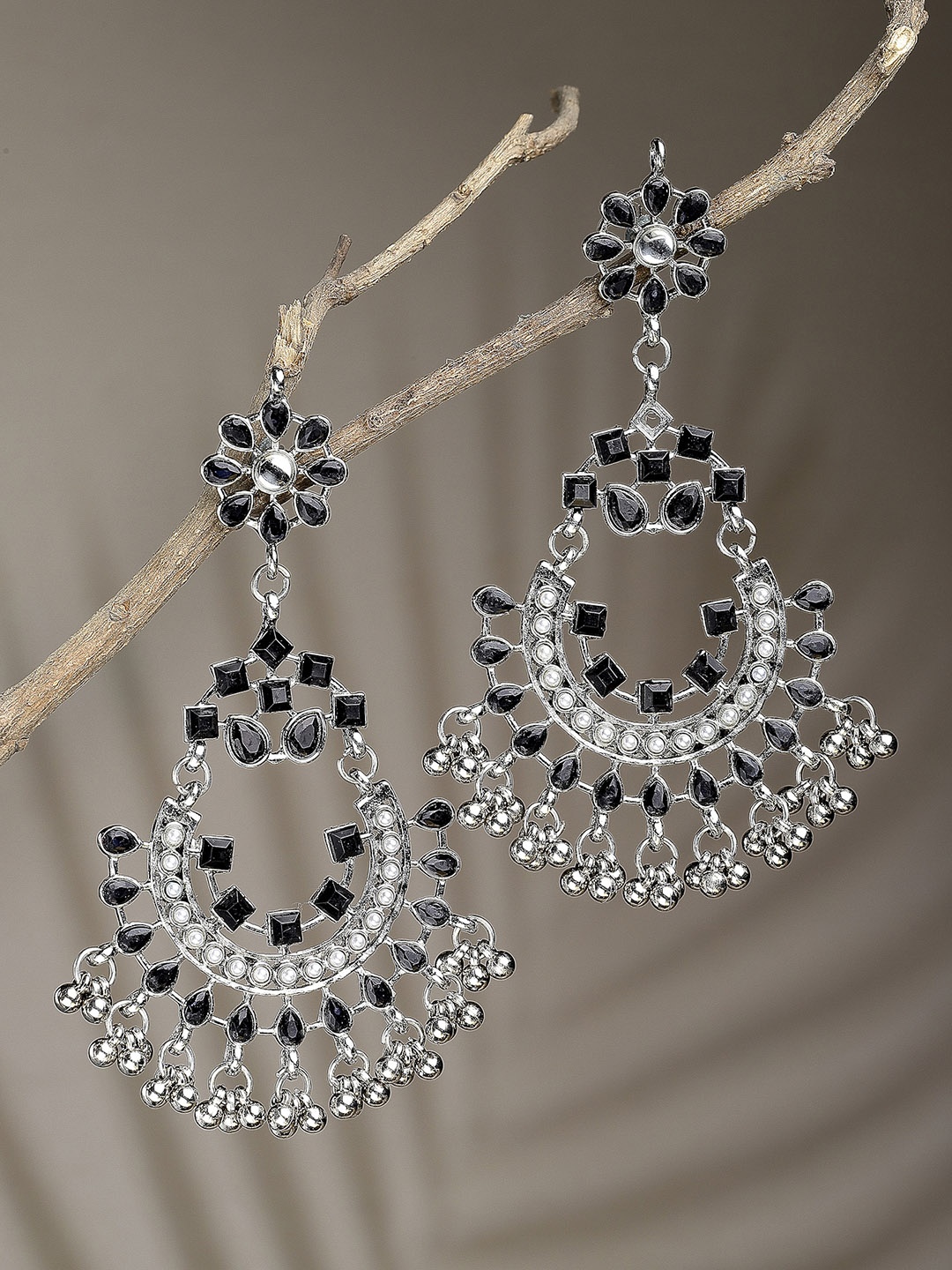 

KARATCART Silver-Toned & Black Classic Chandbalis Earrings