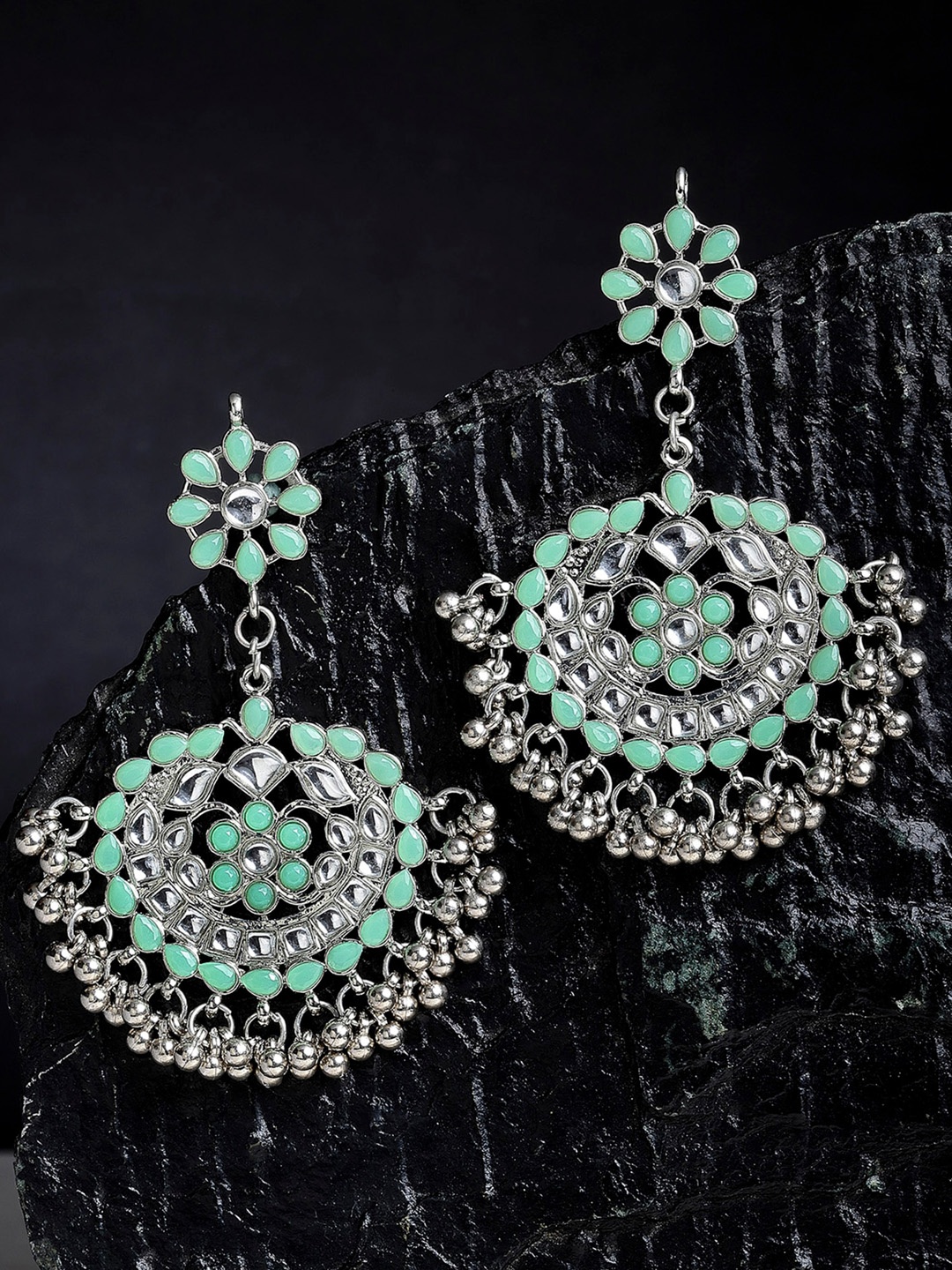 

KARATCART Lime Green & Silver-Toned Classic Chandbalis Earrings