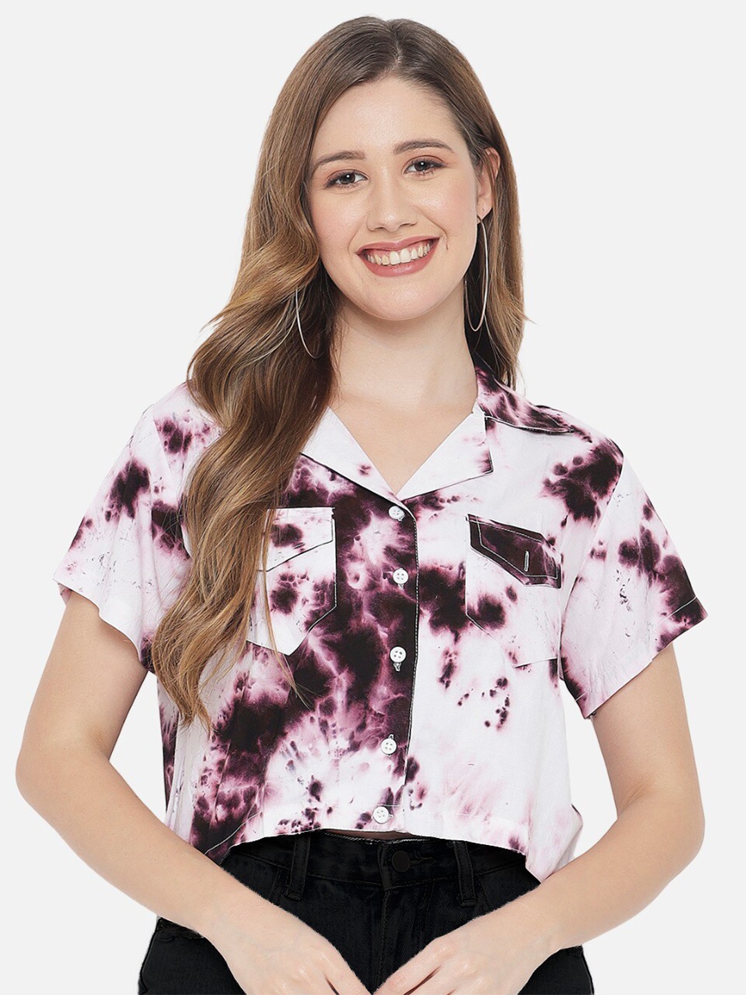 

Indietoga Women Plus Size Purple Tie & Dye Rayon Printed Casual Shirt
