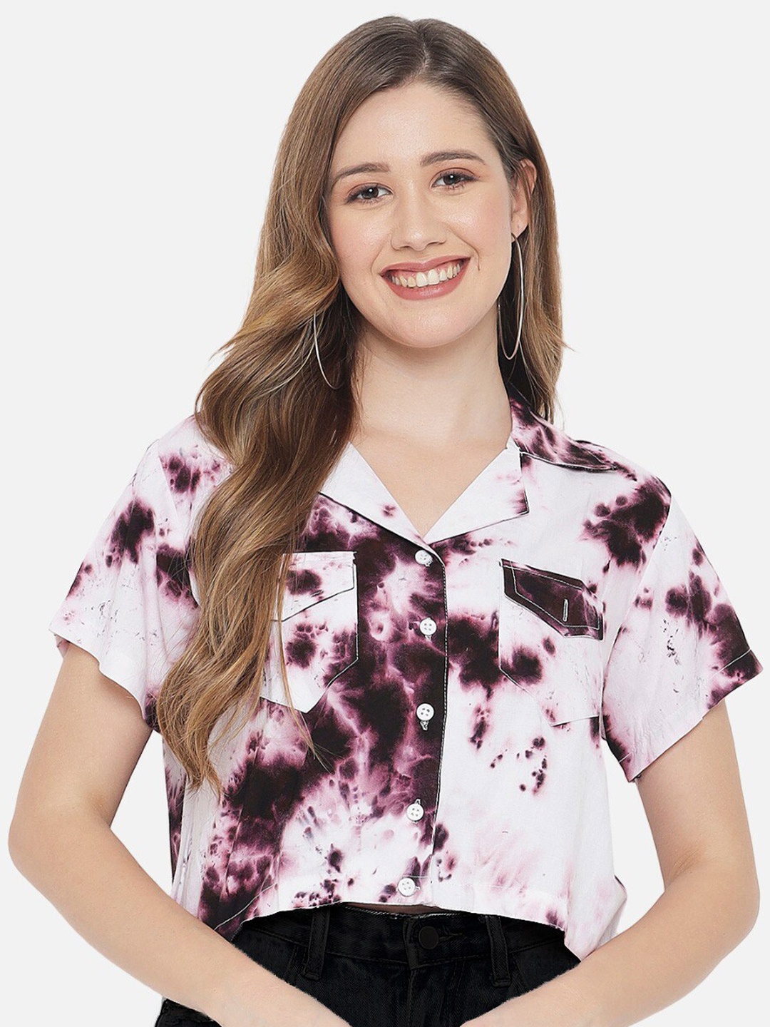 

Indietoga Women Purple Rayon Tie & Dye Casual Crop Shirt