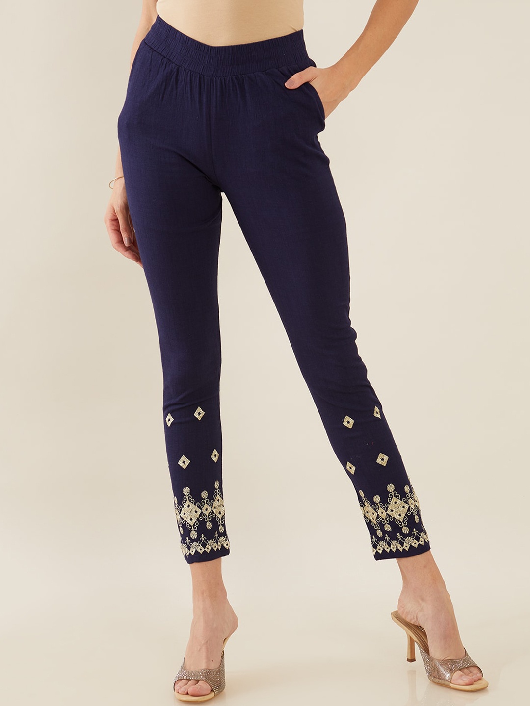

Soch Women Blue Embroidered Relaxed Trousers