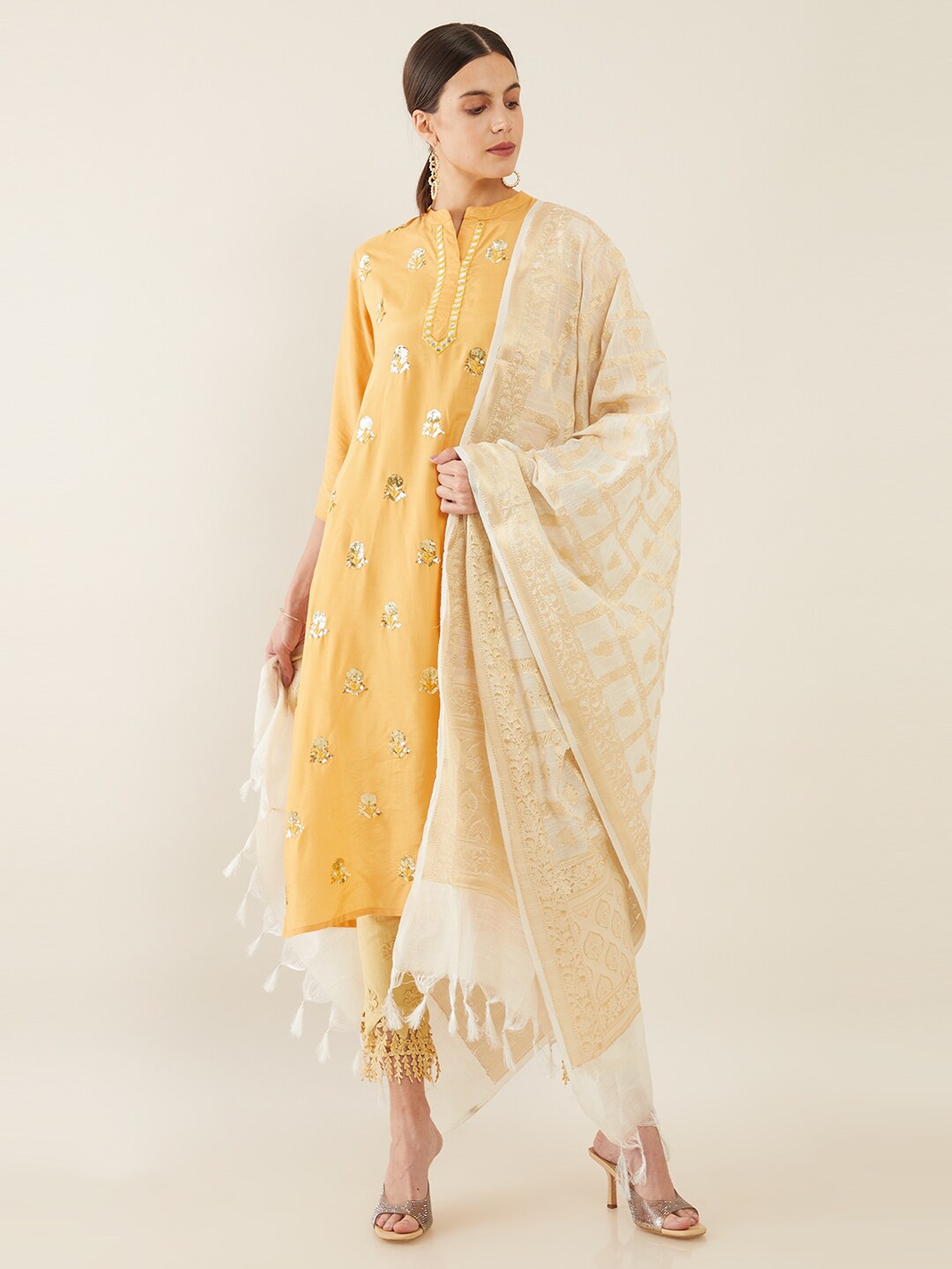 

Soch White & Gold-Toned Printed Viscose Rayon Dupatta