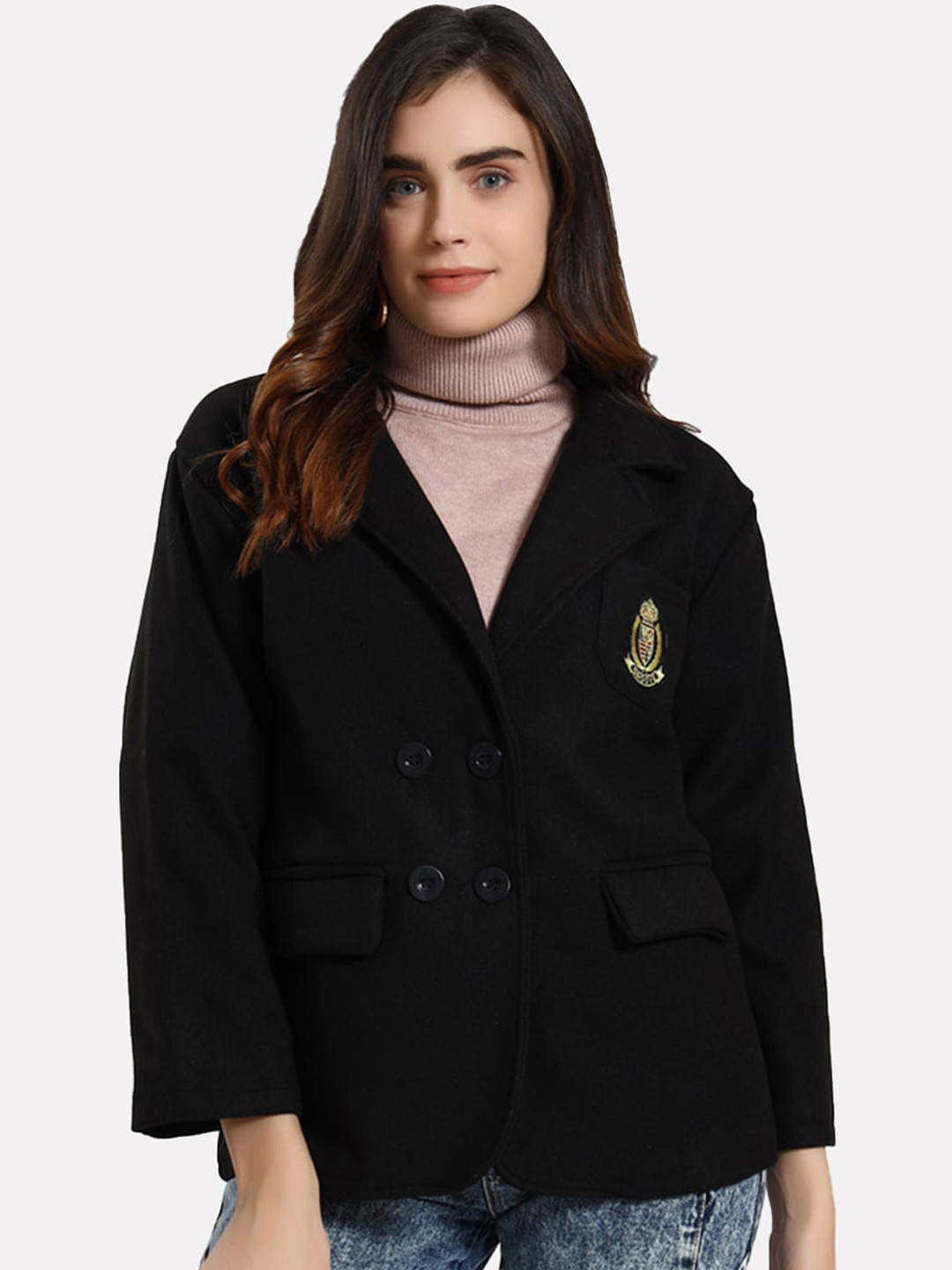 

iki chic Women Black Solid Regular Fit Wool Double Breasted Overcoat