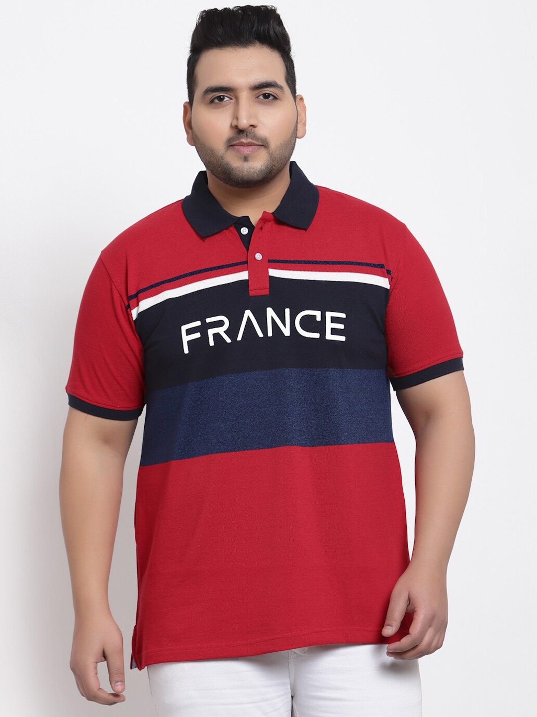 

plusS Men Red & Navy Blue Typography Printed Polo Collar T-shirt