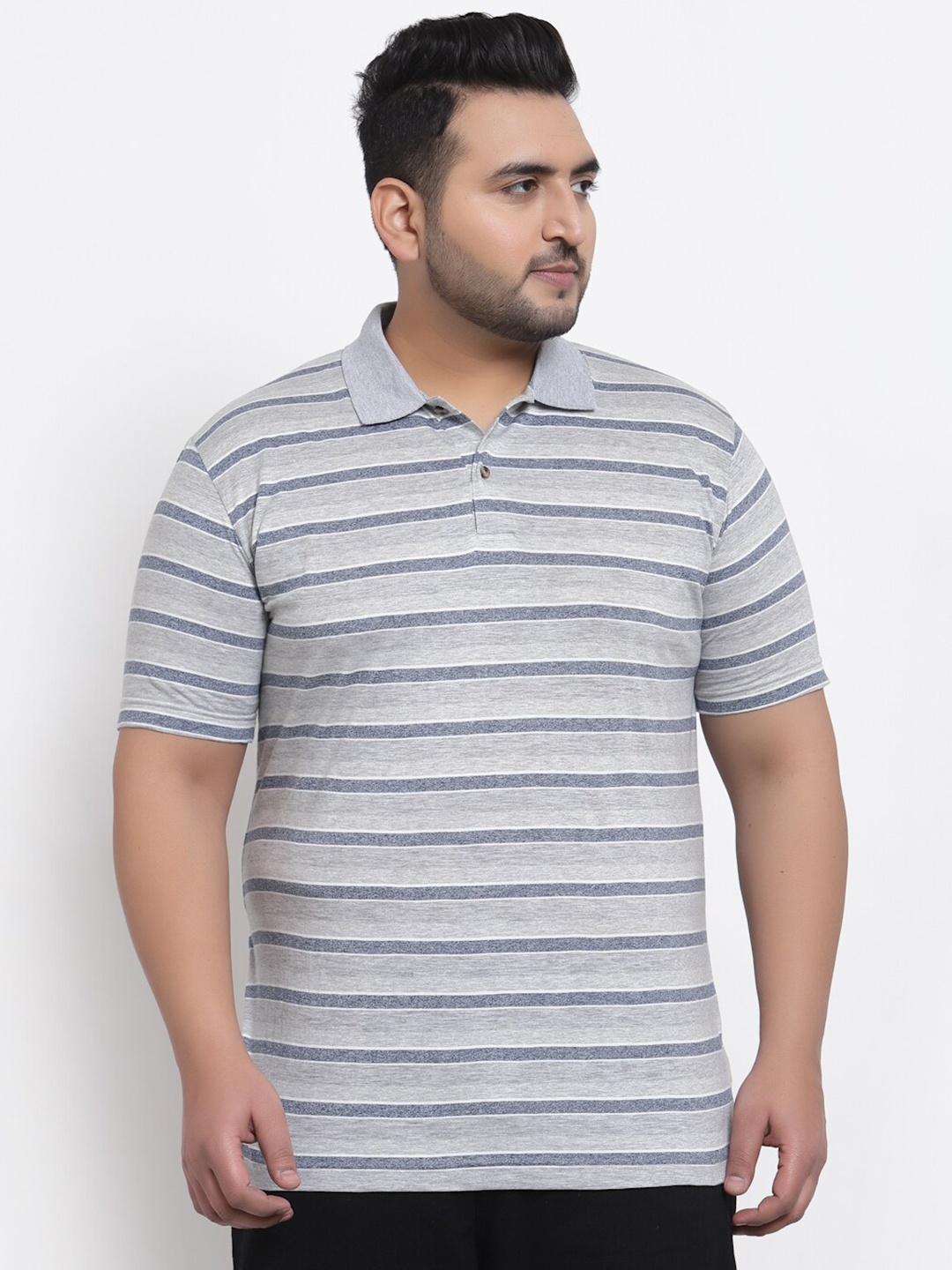 

plusS Men Grey & Blue Striped Polo Collar T-shirt