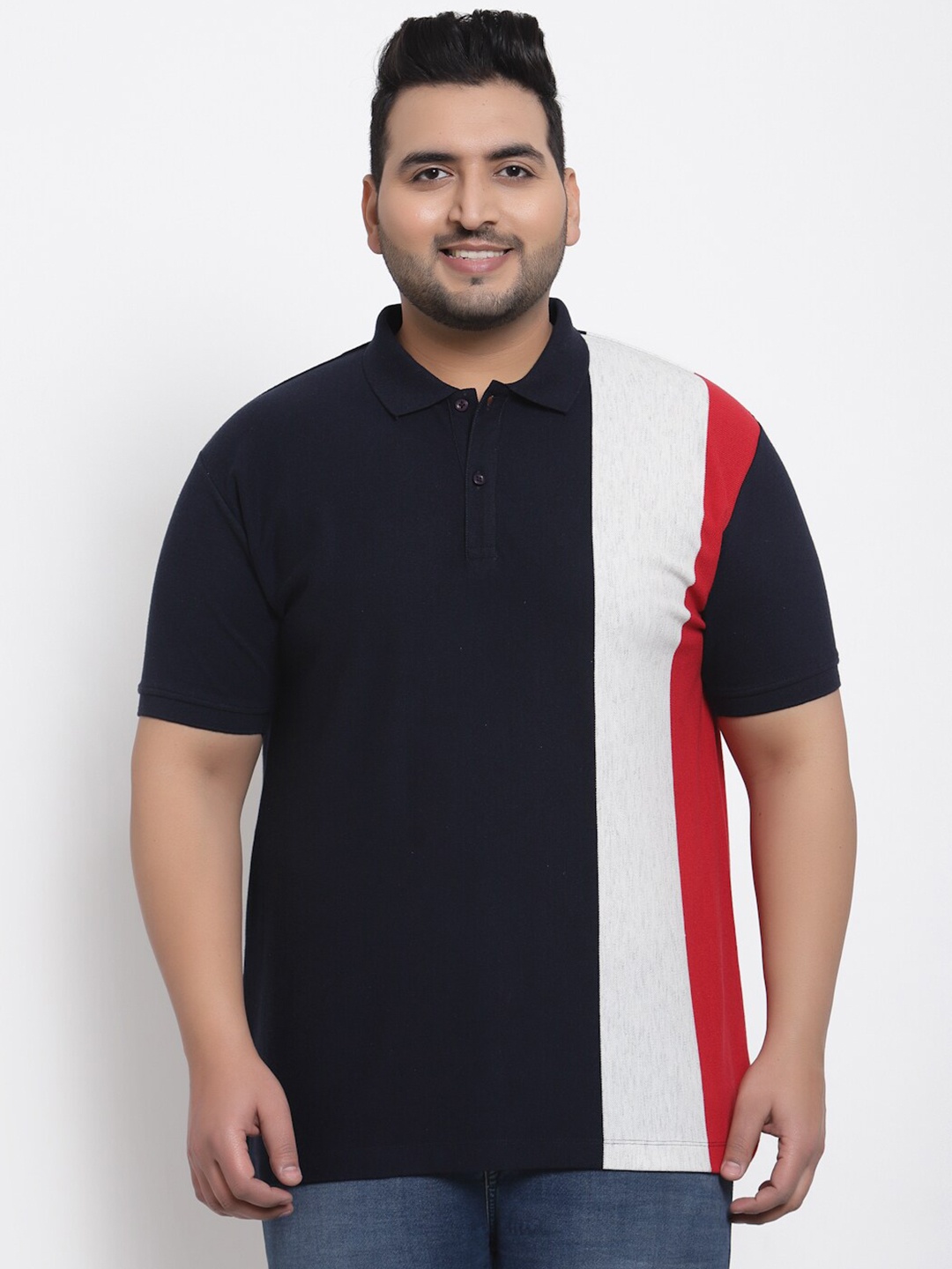

plusS Men Navy Blue & White Colourblocked Polo Collar T-shirt