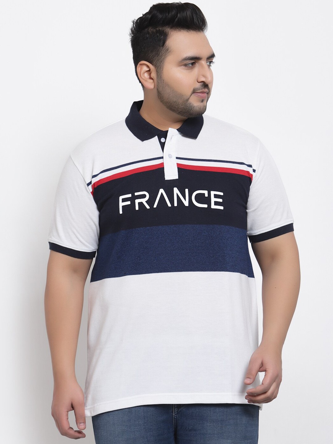 

plusS Men White & Navy Blue Colourblocked Cotton Polo Collar T-shirt