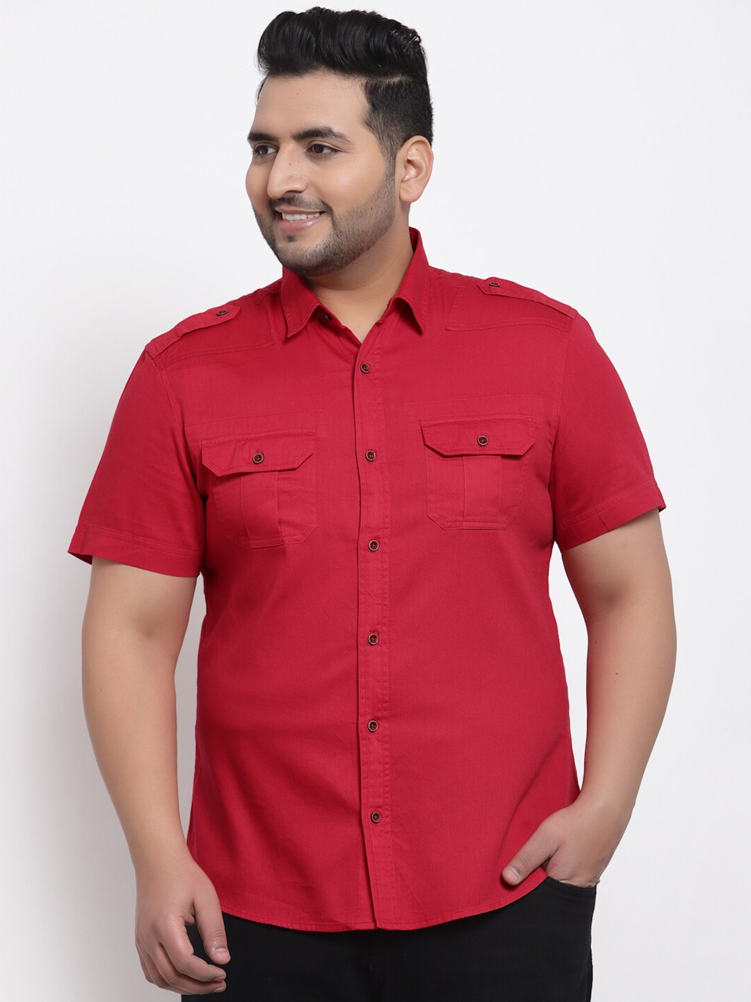 

plusS Men Casual Cargo Shirt, Red