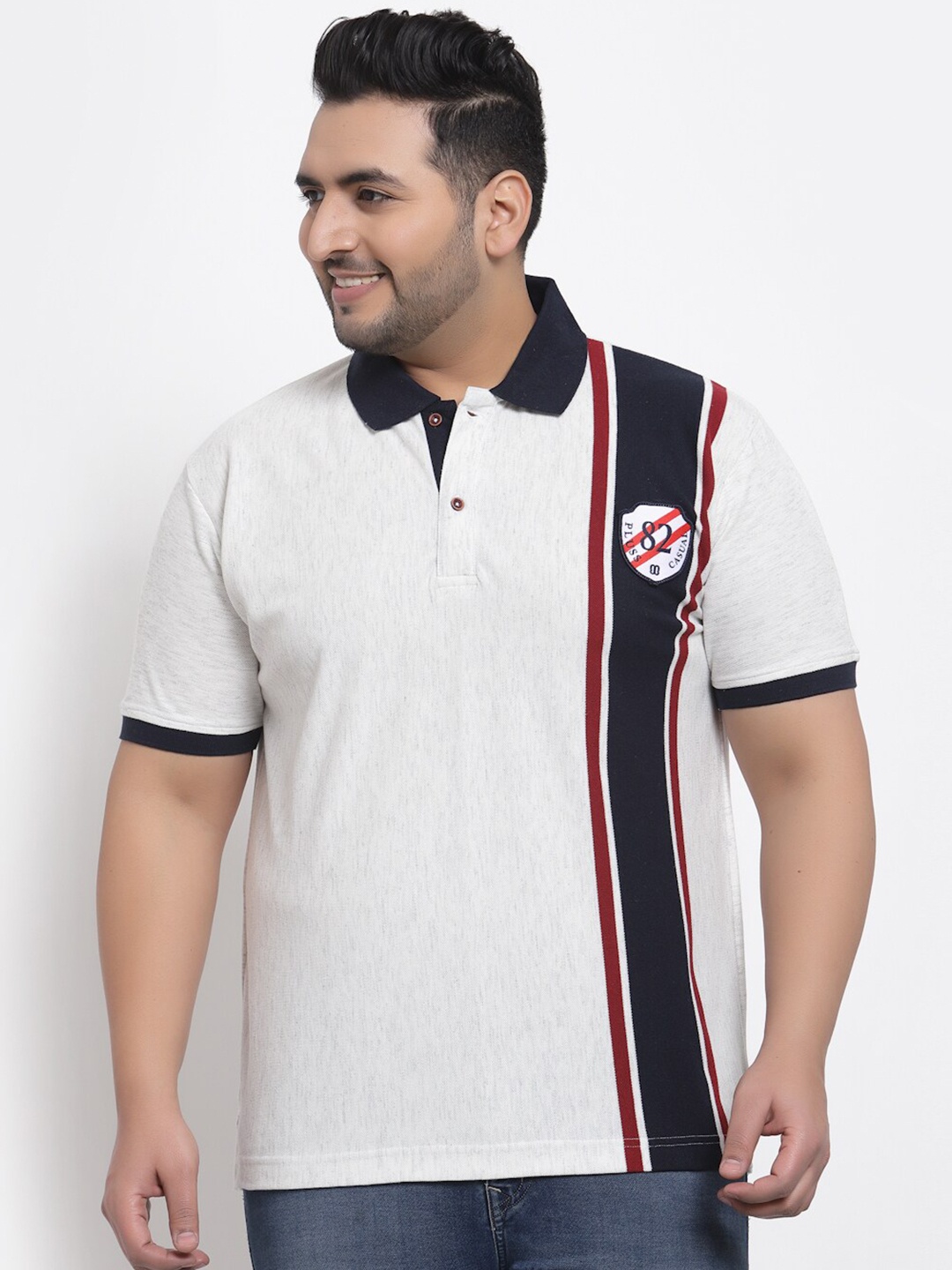 

plusS Men Cream-Coloured & Navy Blue Plus Size Printed Polo Collar T-shirt