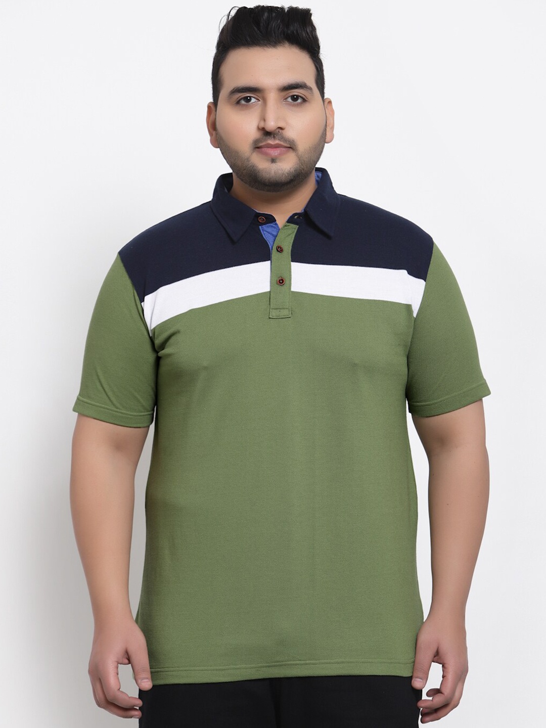 

plusS Men Olive Green & White Striped Polo Collar T-shirt
