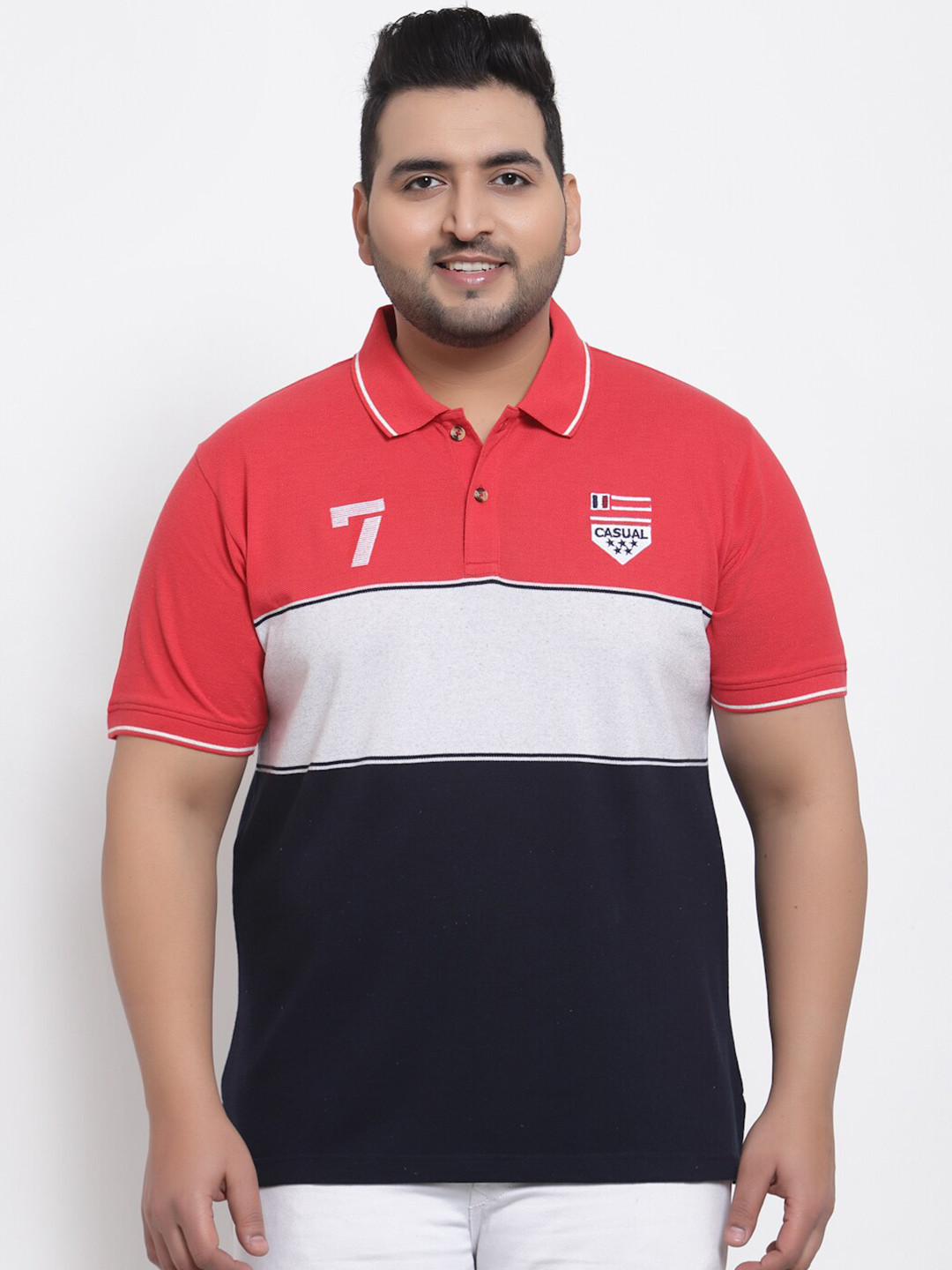 

plusS Men Navy Blue & White Colourblocked Polo Collar T-shirt