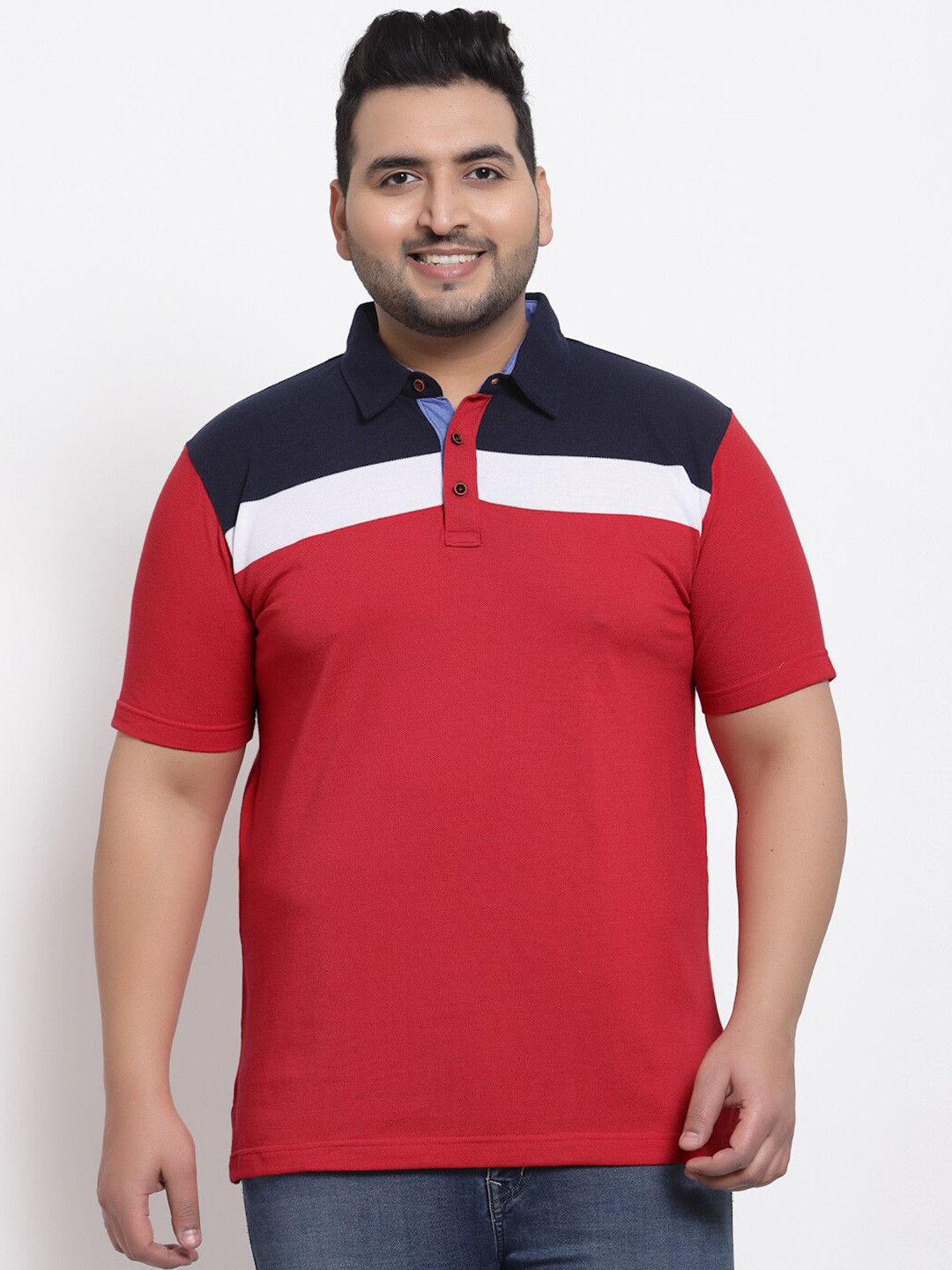 

plusS Men Red & Black Colourblocked Polo Collar T-shirt
