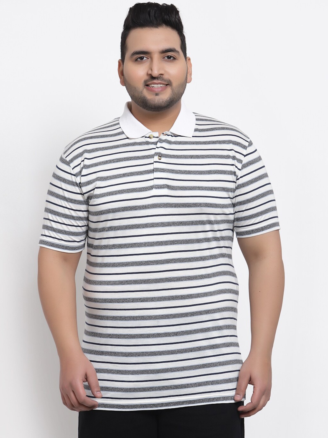 

plusS Men White Striped Polo Collar Pockets T-shirt