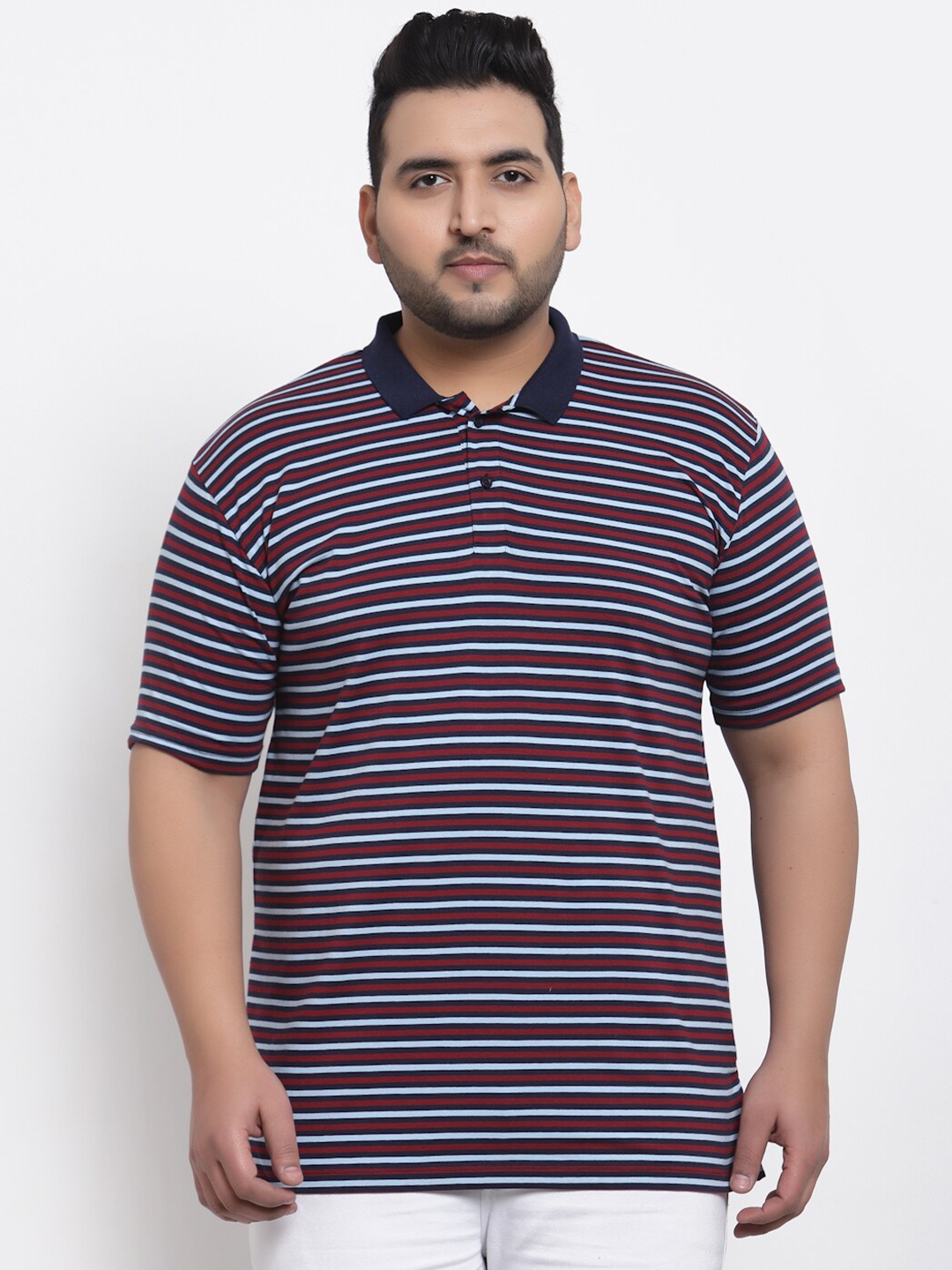 

plusS Men Red Striped Polo Collar T-shirt