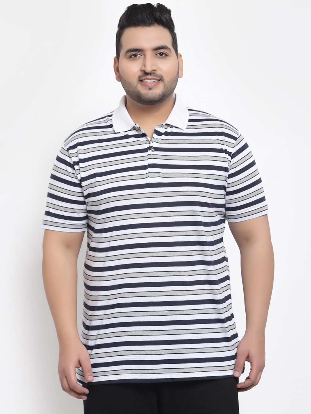 

plusS Men White & Blue Striped Polo Collar Pockets T-shirt