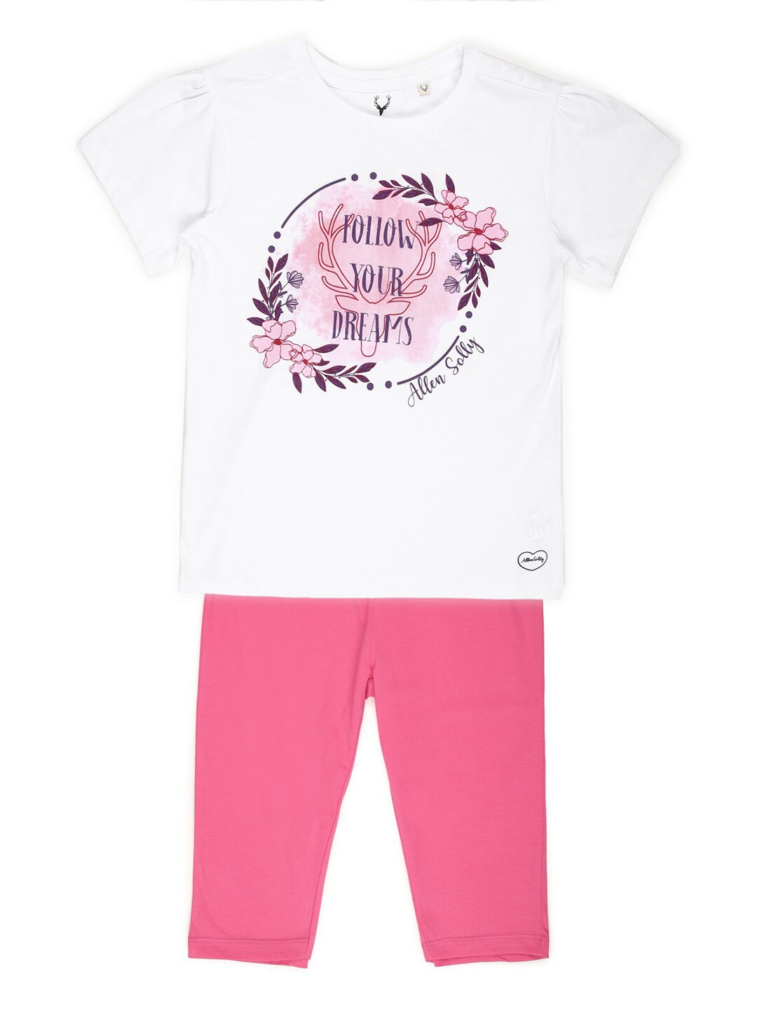 

Allen Solly Junior Girls White Printed Pure Cotton T-shirt with Capris
