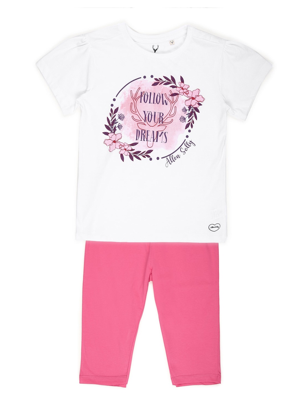 

Allen Solly Junior Girls White & Pink Printed T-shirt with Capris
