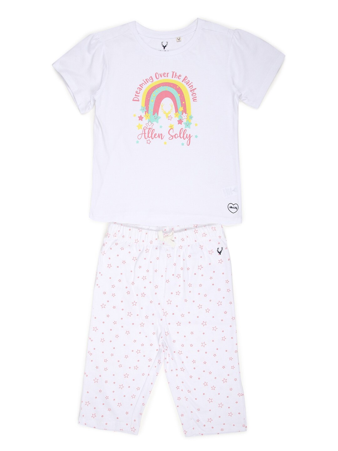 

Allen Solly Junior Girls White & Pink Printed Pure Cotton T-shirt with Capris