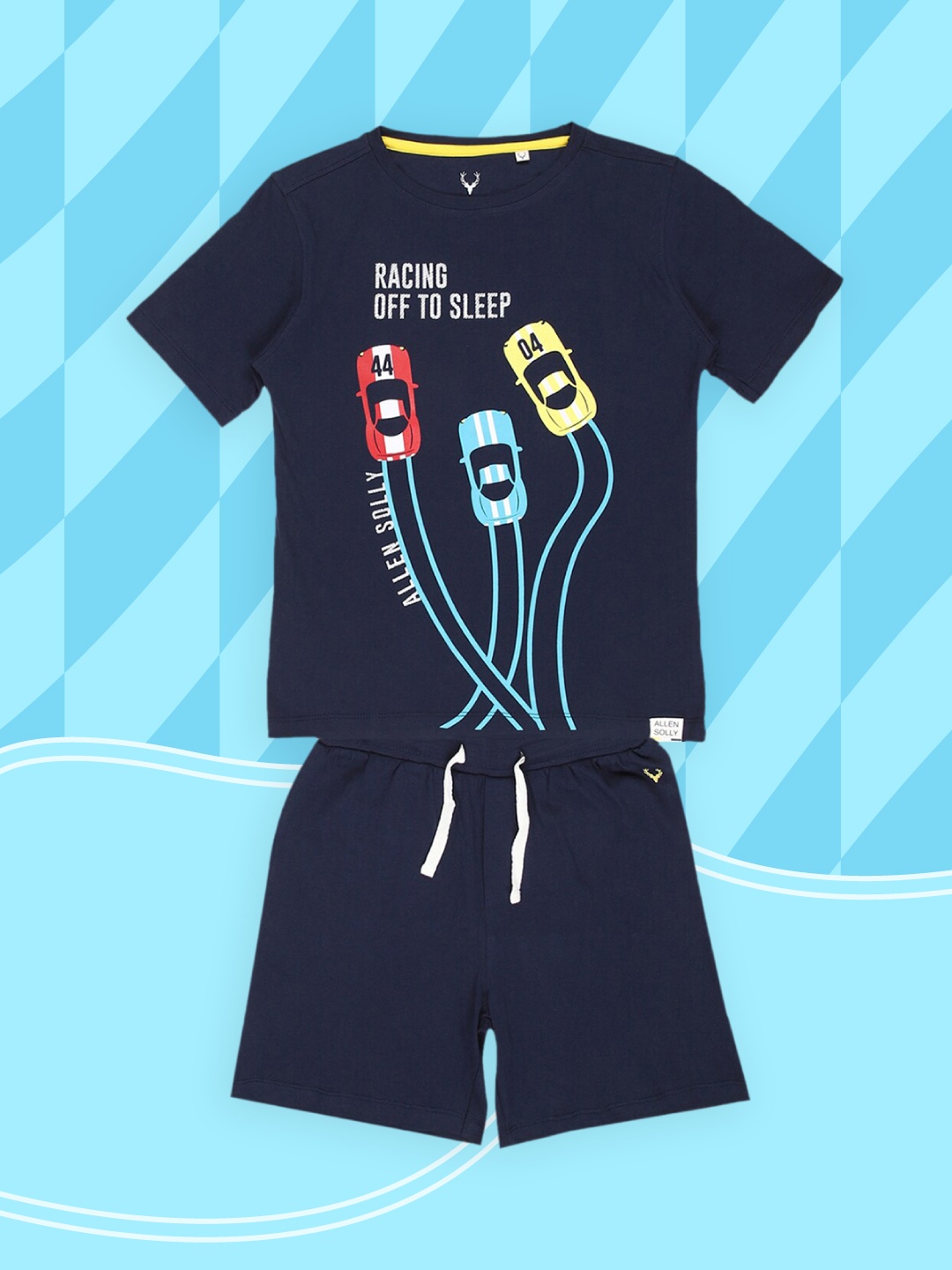 

Allen Solly Junior Boys Navy Blue & Turquoise Blue Pure Cotton Printed T-shirt with Shorts