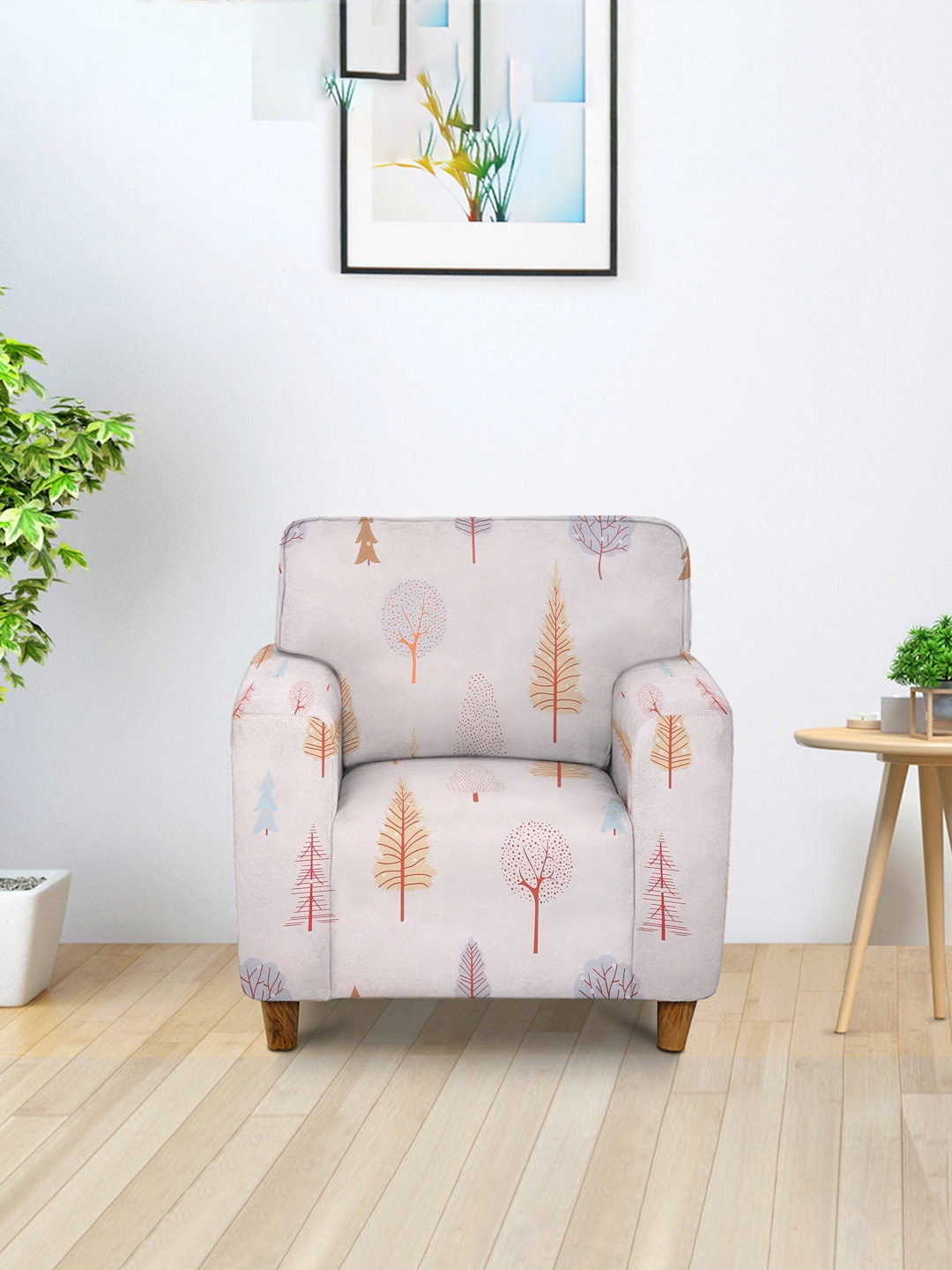 Cortina Beige Printed 1-Seater Stretchable Non-Slip Sofa Slipcover