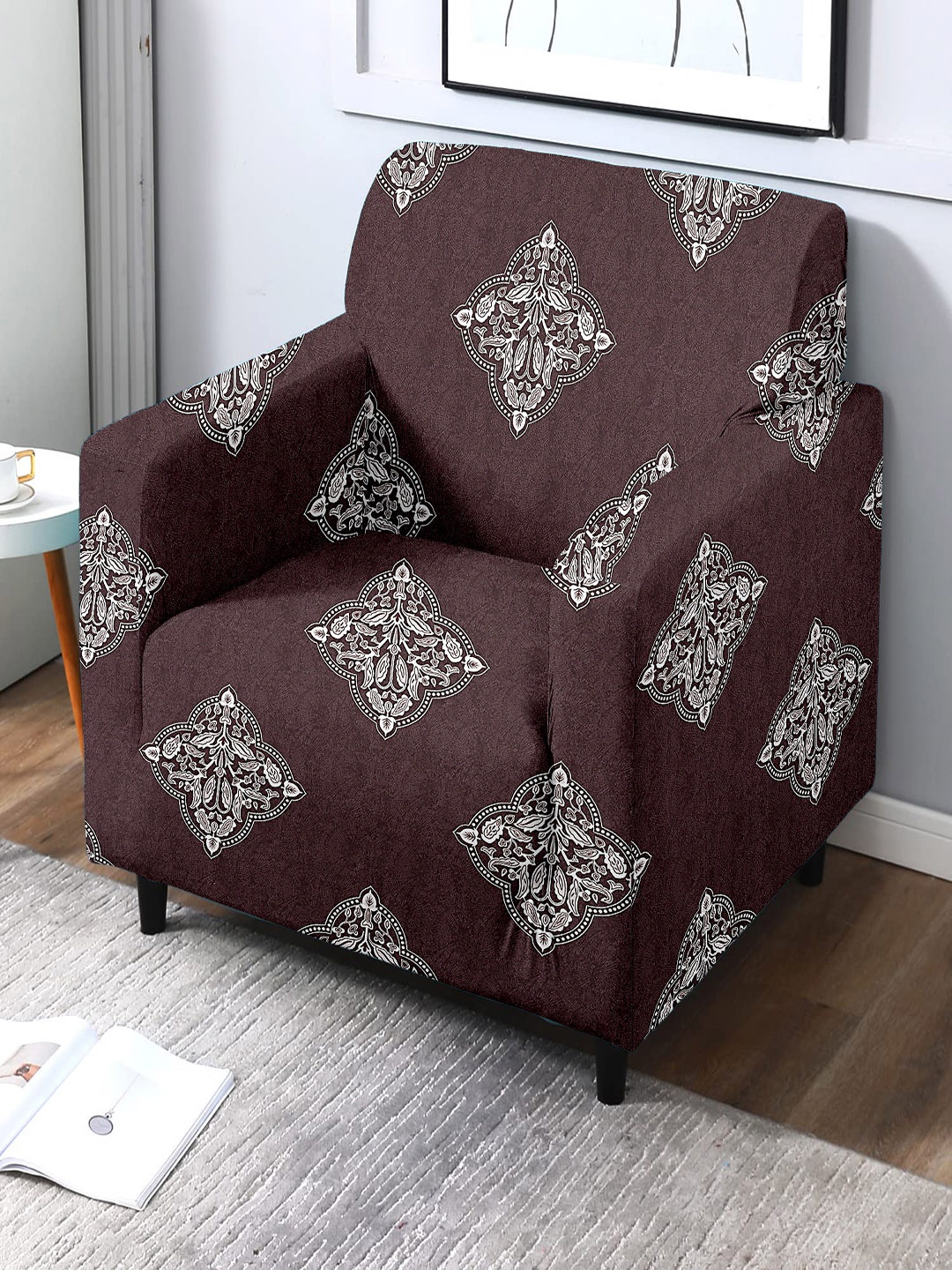 Cortina Burgundy Printed 1-Seater Stretchable Non-Slip Sofa Slipcover, Brown