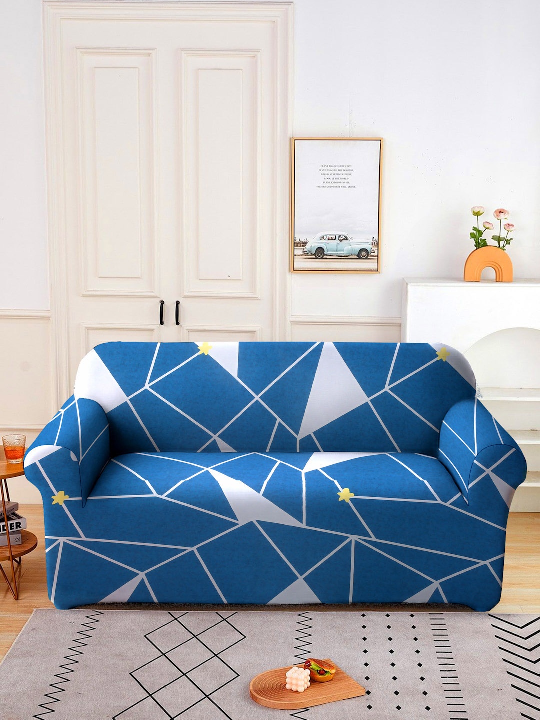 

Cortina Navy Blue & White Printed 2-Seater Stretchable Non-Slip Sofa Slipcover