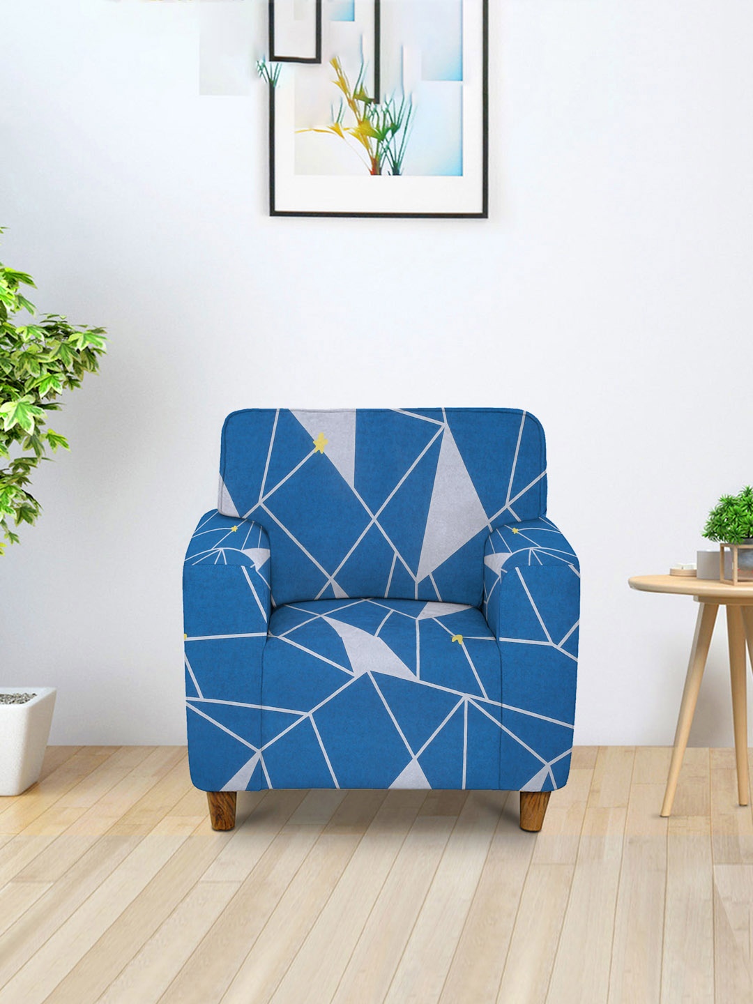 

Cortina Navy Blue & White Printed 1-Seater Stretchable Non-Slip Sofa Slipcover