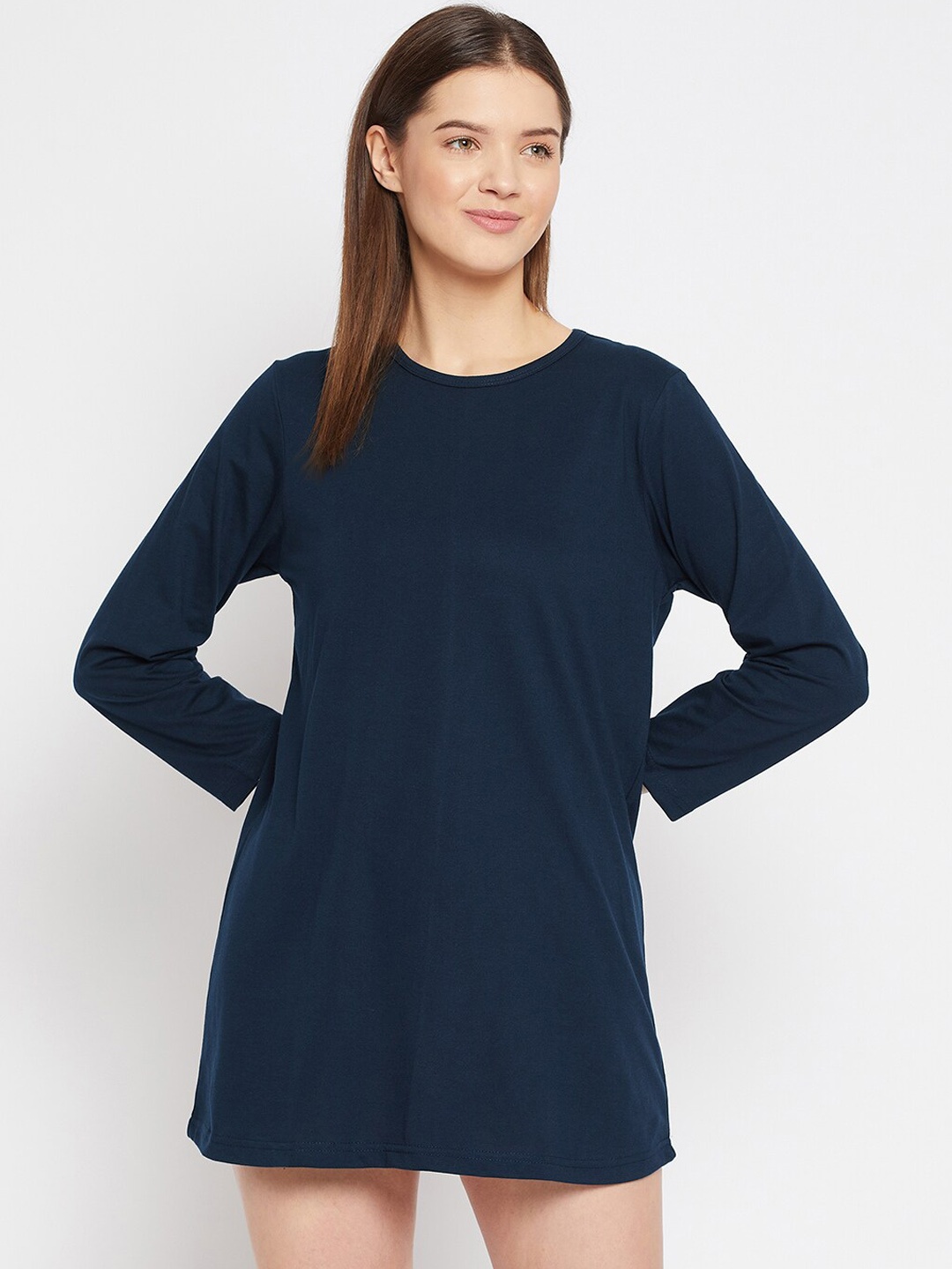 

FRENCH FLEXIOUS Navy Blue Solid Cotton Rich Full Sleeves Lounge T-shirt