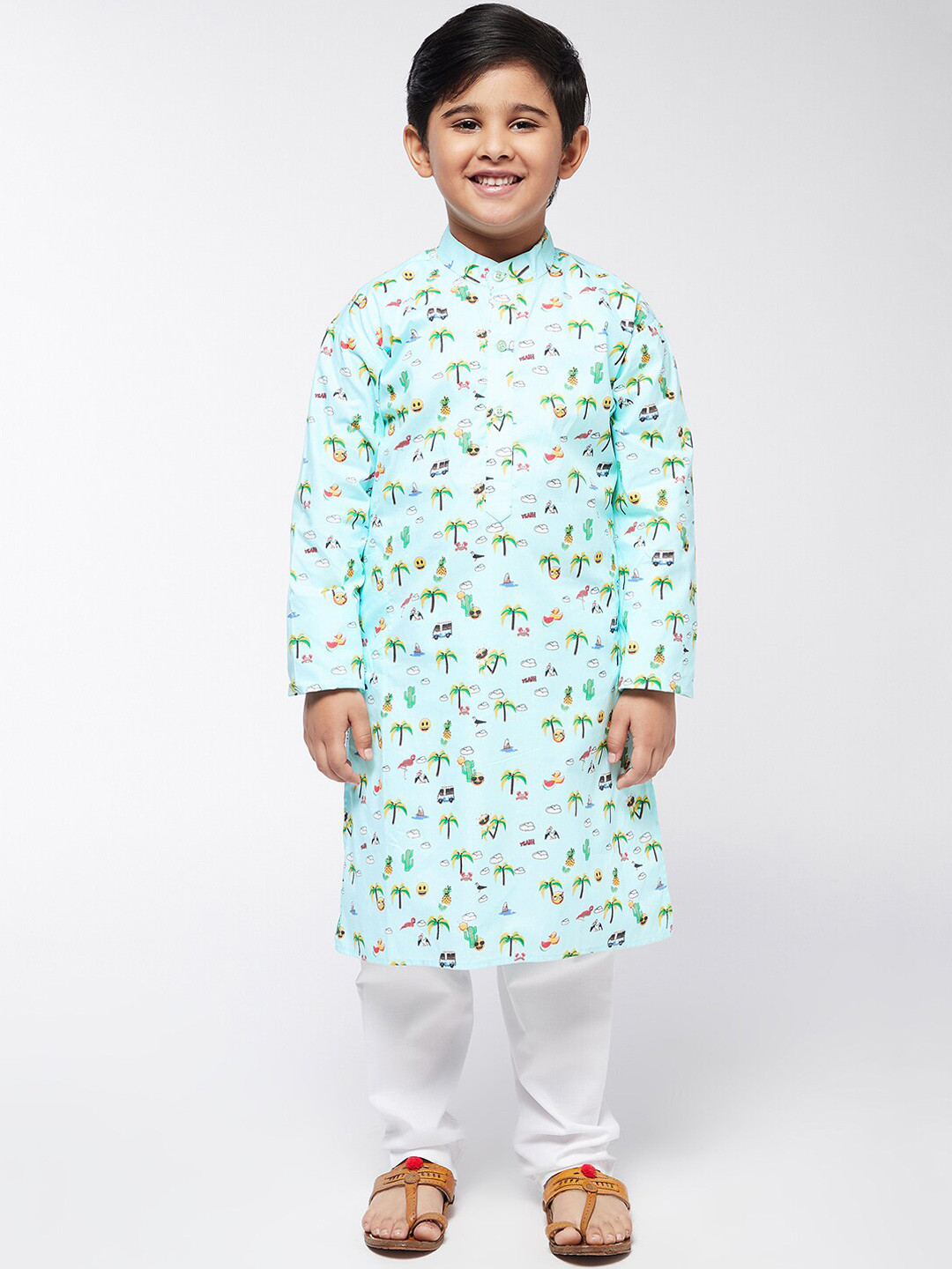 

SOJANYA Boys Sea Green Floral Printed Pure Cotton Kurta with Churidar
