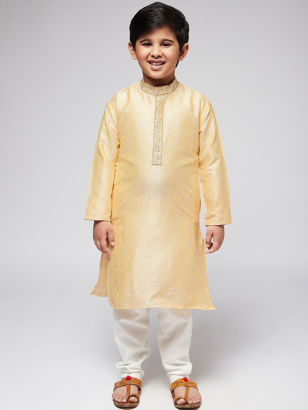 

SOJANYA Boys Beige Paisley Embroidered A-line Kurta with Churidar