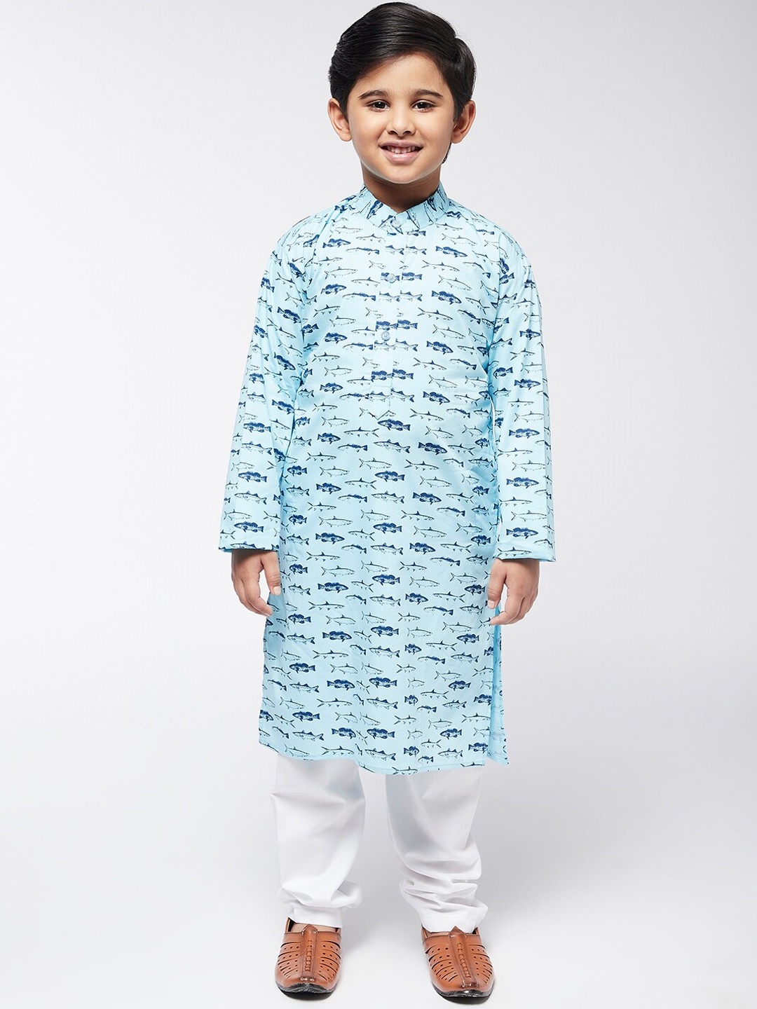 

SOJANYA Boys Blue Printed Pure Cotton Kurta with Pyjamas
