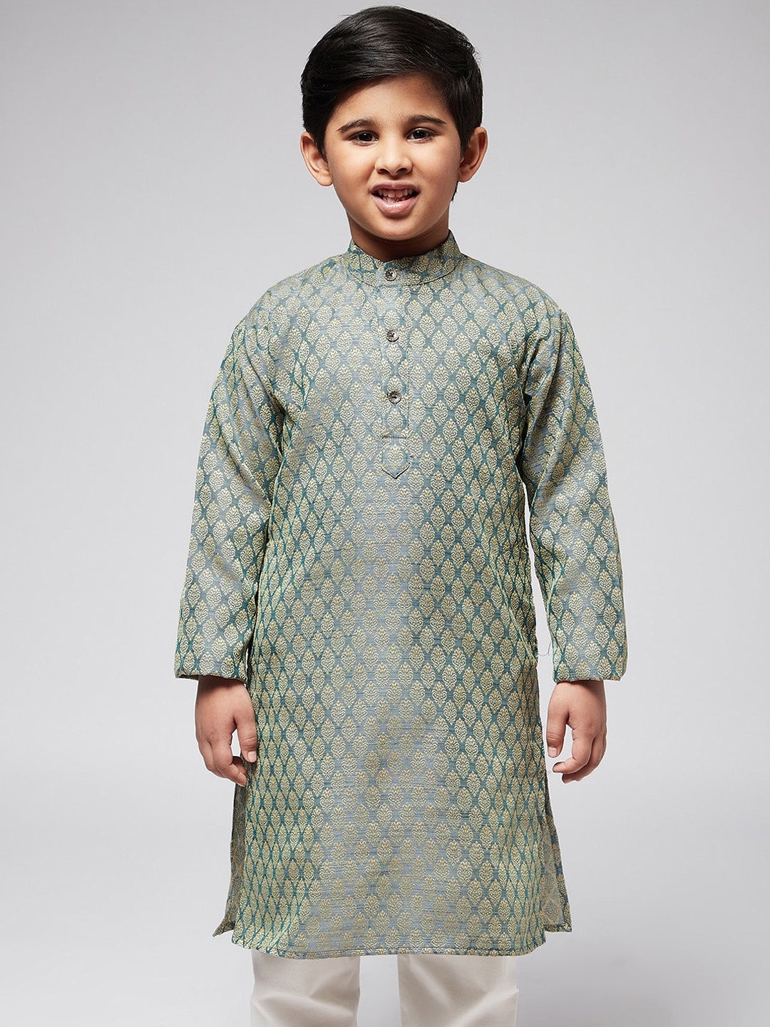 

SOJANYA Boys Teal Green & Gold-Toned Ethnic Motifs Jacquard Kurta