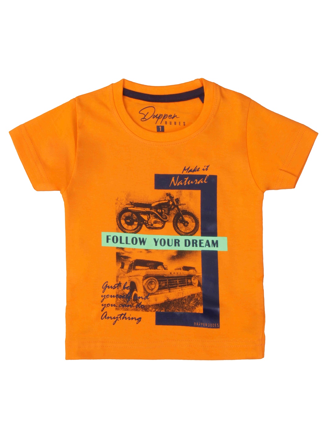 

Dapper dudes Boys Orange & Blue Printed T-shirt