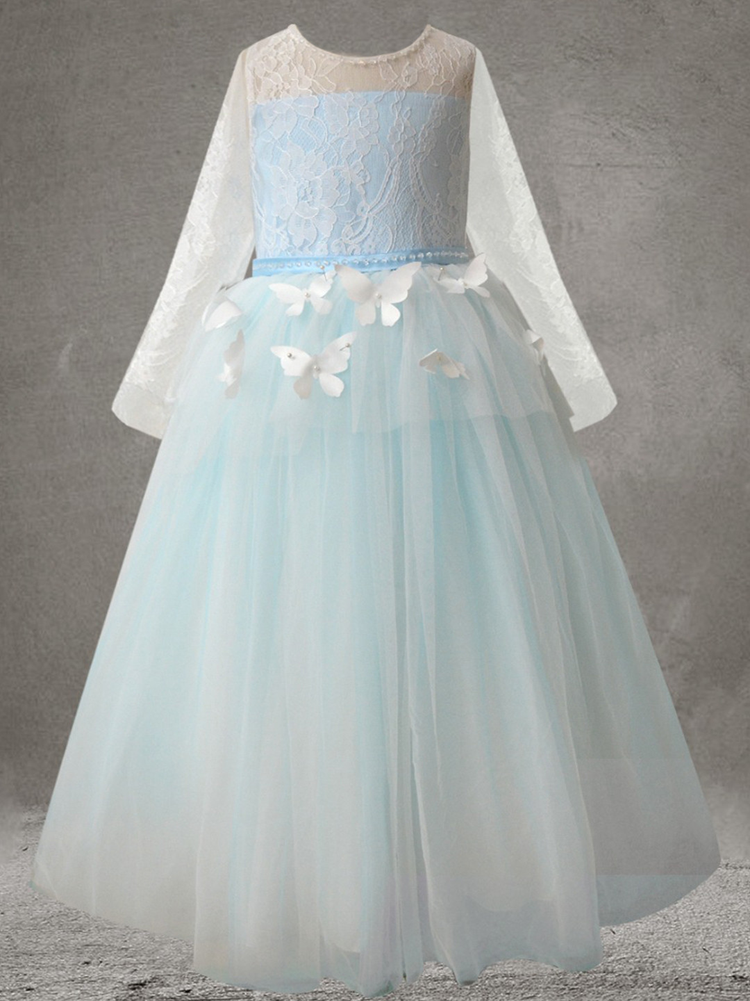 

A.T.U.N. Blue & White Floral Embroidered Net Maxi Butterfly Trail Dress