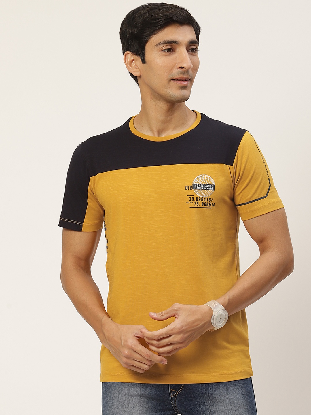

Monte Carlo Men Mustard Yellow Solid Pure Cotton T-shirt