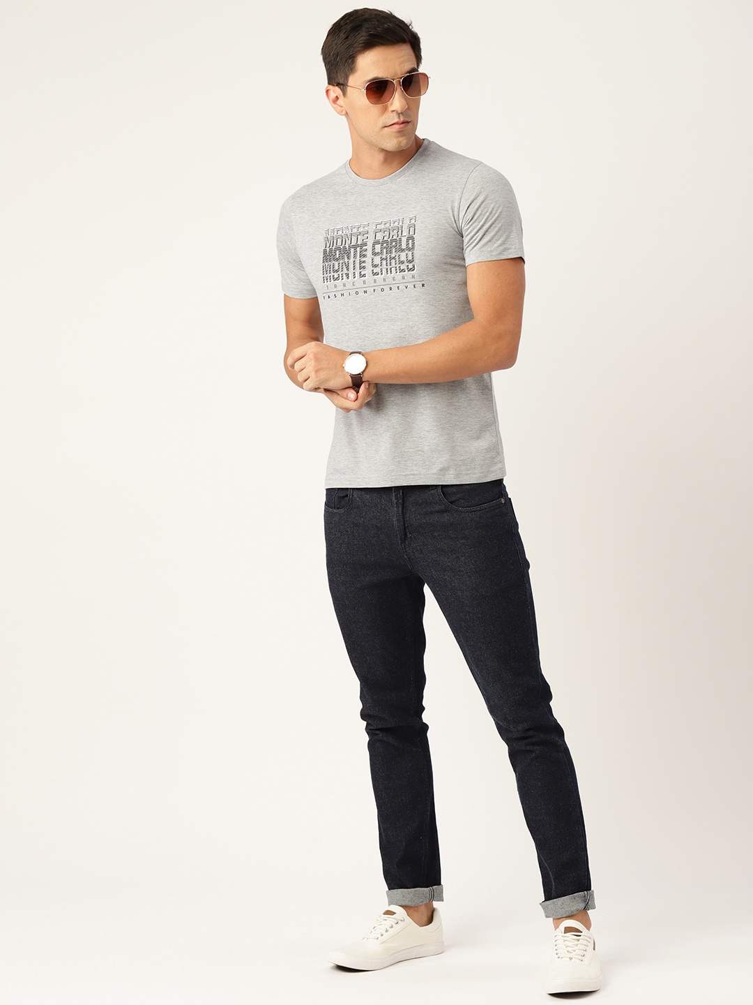 

Monte Carlo Men Grey Melange Brand Logo Printed T-shirt