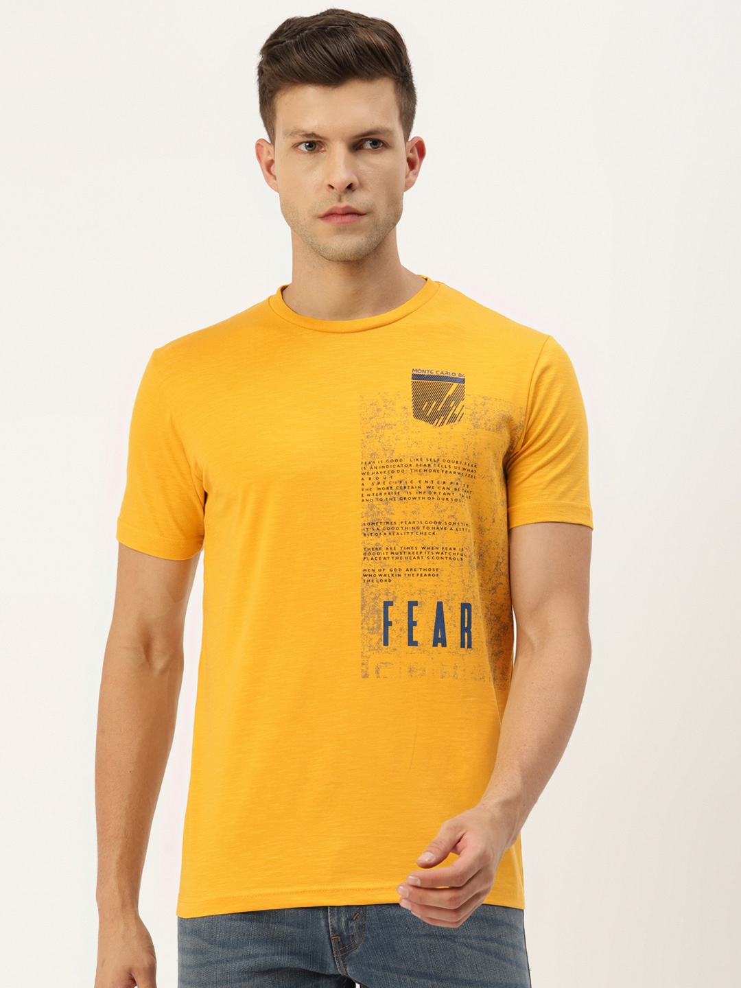 

Monte Carlo Men Yellow Typography Printed Pure Cotton T-shirt