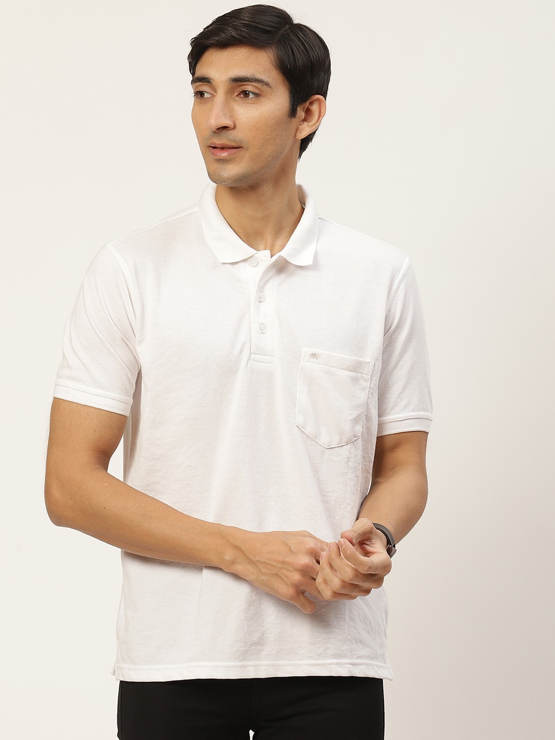 

Monte Carlo Men White Solid Polo Collar Pure Cotton T-shirt